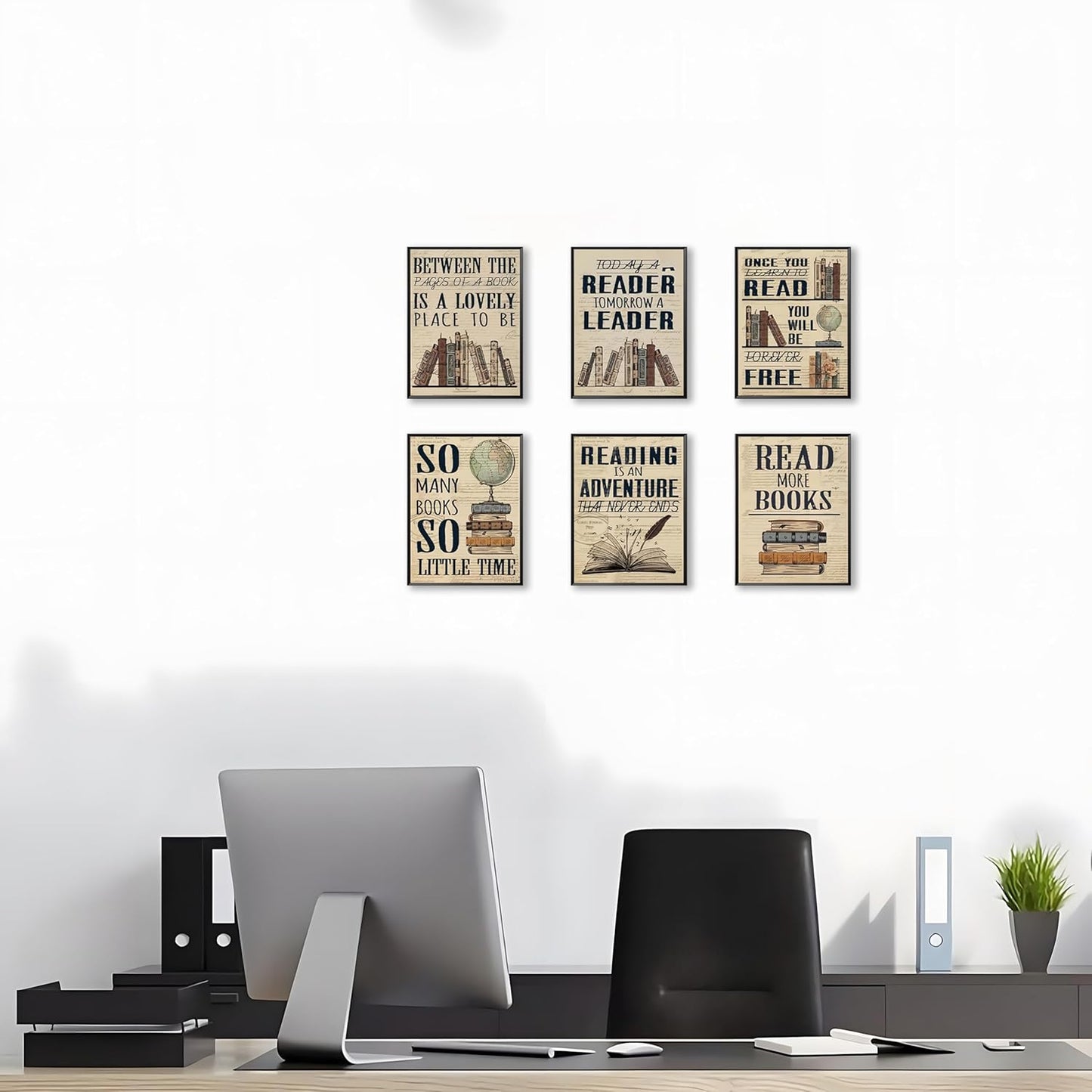 6 Piece Vintage Reading Quote Wall Art Prints, Retro Book Lover Canvas Posters with Inspirational Library Quotes, Rustic Literary Artwork for Classroom Study Office Living Room Home Decor 8x10 inch Unframed