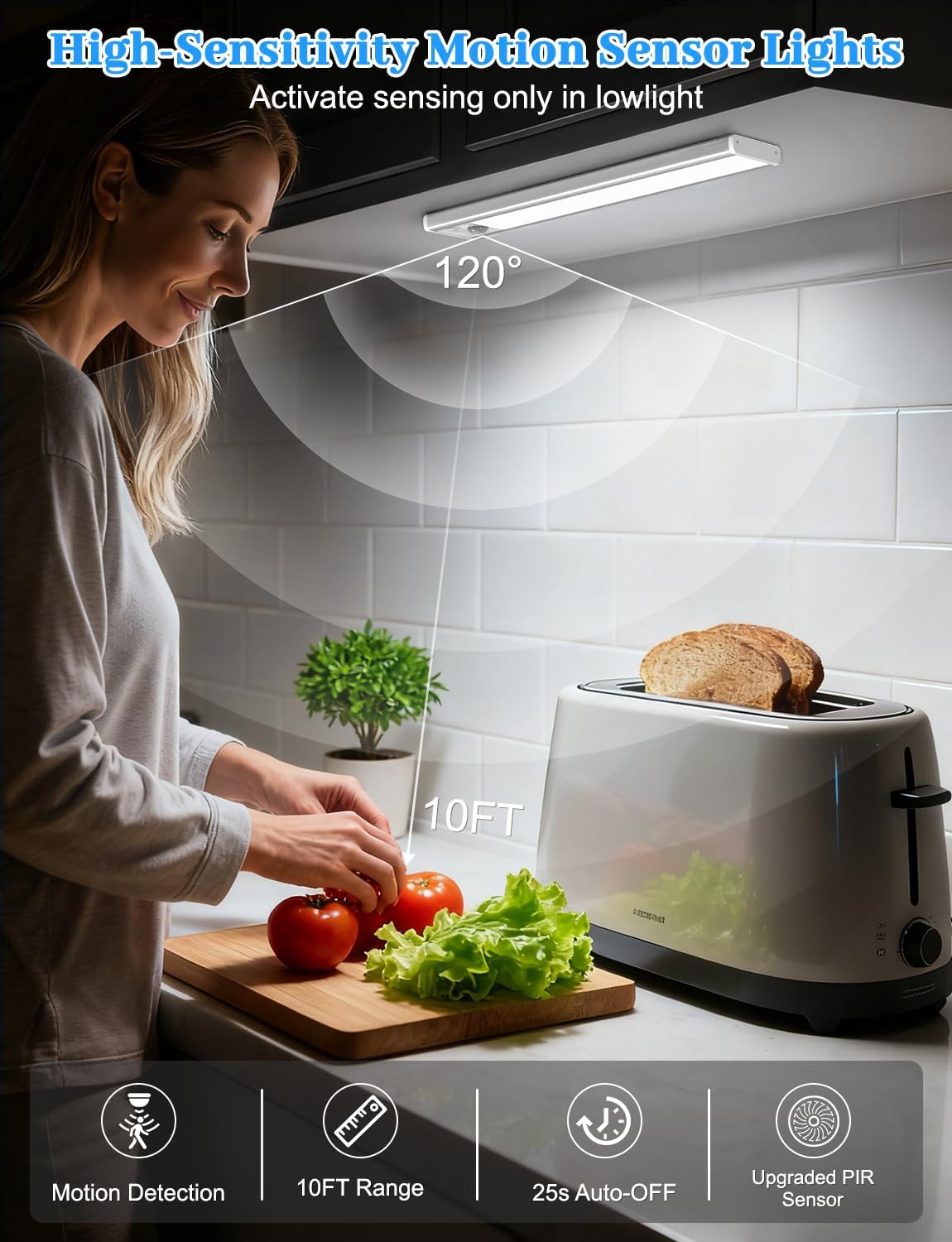 Under Cabinet Lighting with Charging Station, 2200mAh Rechargeable Motion Sensor Light Indoor, Dimmable Closet Lights with 3 Color Tempers, Magnetic Under Cabinet Lights for Kitchen Wireless, 3-Pack