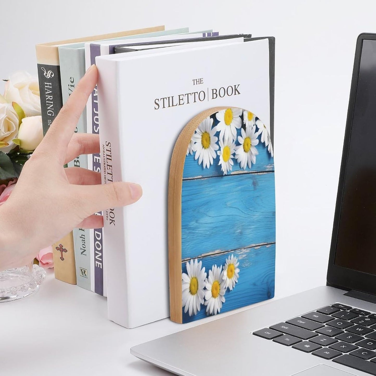 Daisy Flowers Blue Wooden Bookend for Shelves Wooden Book End Large Size Sturdy Book Holders Stoppers with Metal Base for Bookshelves Slick Decorative Bookends Stands