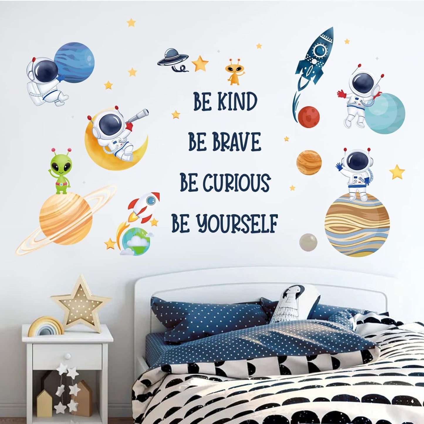 wondever Planets Outer Space Wall Stickers Be Kind Be Brave Inspirational Quote Astronaut Peel and Stick Wall Art Decals for Baby Nursery Kids Bedroom Playroom