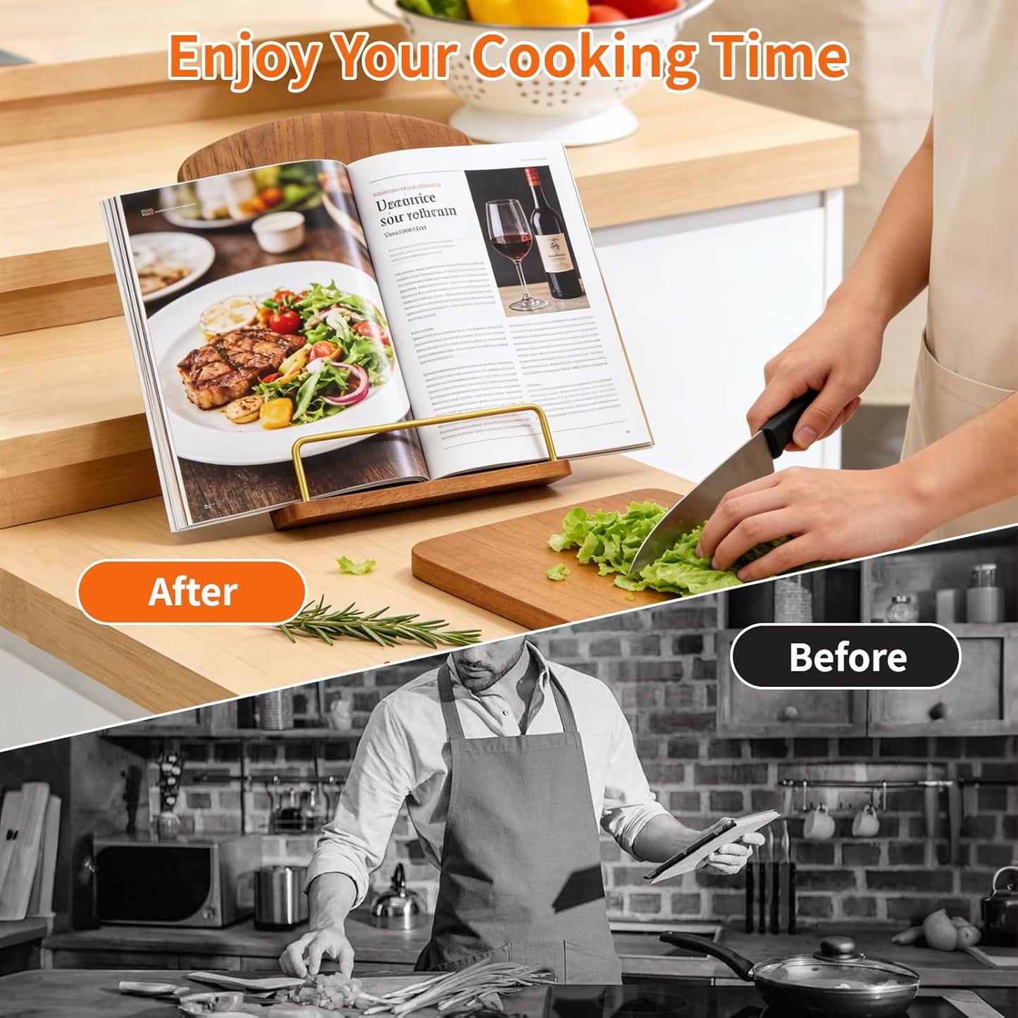 Cookbook Stand for Kitchen Counter, Adjustable Wooden Foldable Recipe Book Holder for Hands-Free Cooking, Fits Books & Tablets