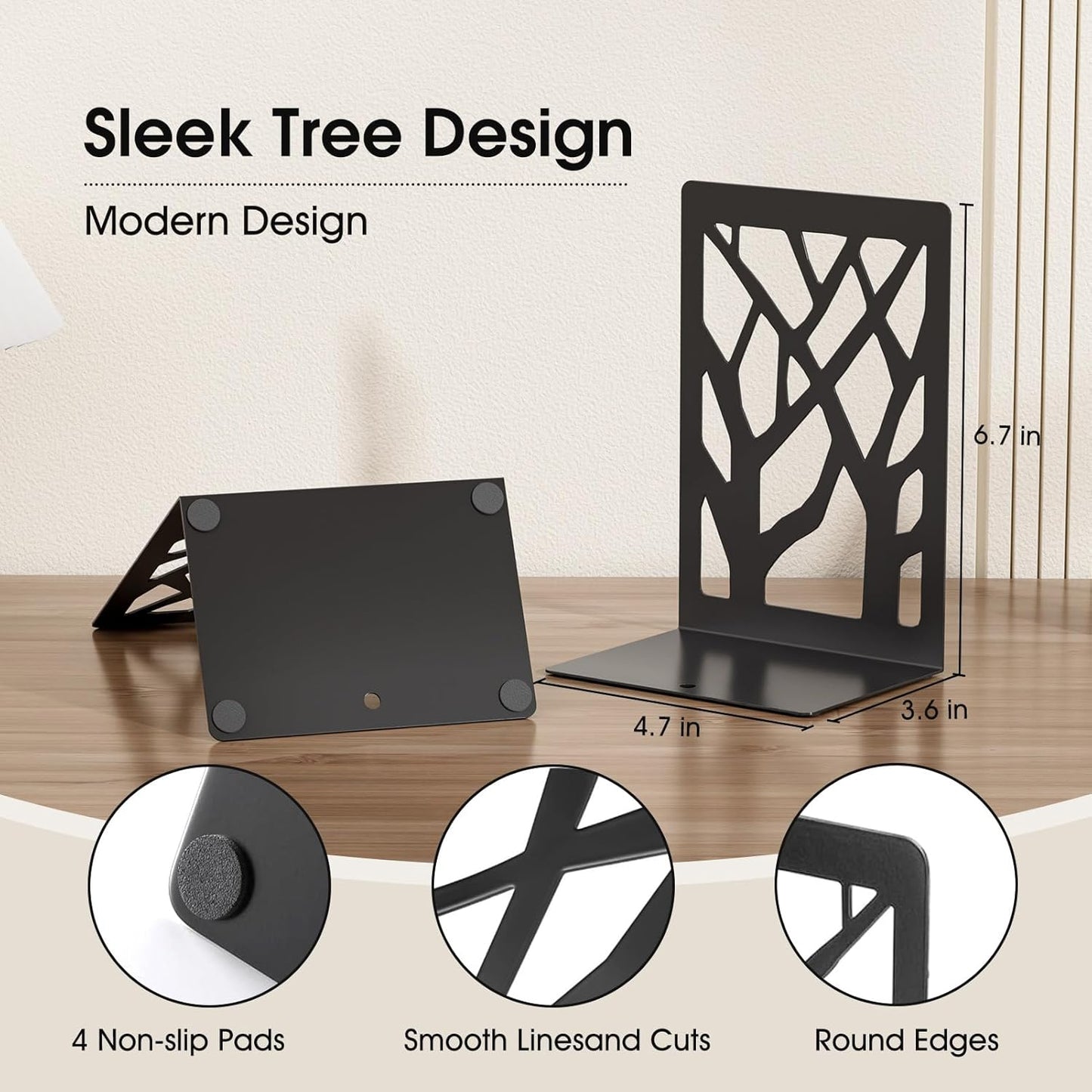 MaxGear Book Ends Tree Design Modern Bookends for Shelves, Non-Skid Book Holder, Heavy Duty Metal Book Storage for Books/CDs, Decorative Book Stopper for Home, 7 x 4.7 x 3.5”, Black,2 Pair/4 Pieces