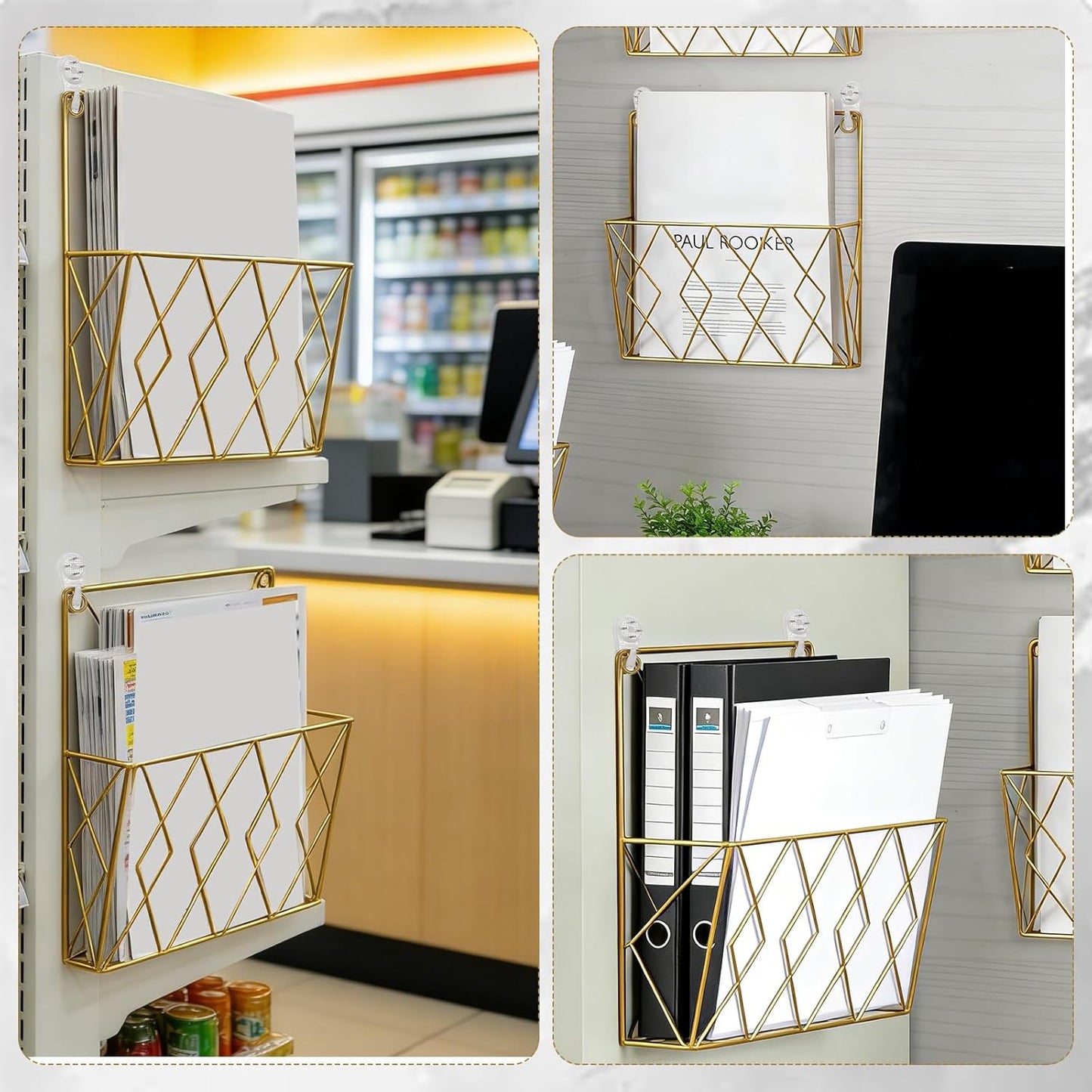 Milisten Wall Mounted Magazine Holder Rack, Gold Iron Book Display Stand Organizer for Newspapers, Comics, and Bathroom Storage, Space-saving Literature Shelf for Home and Office
