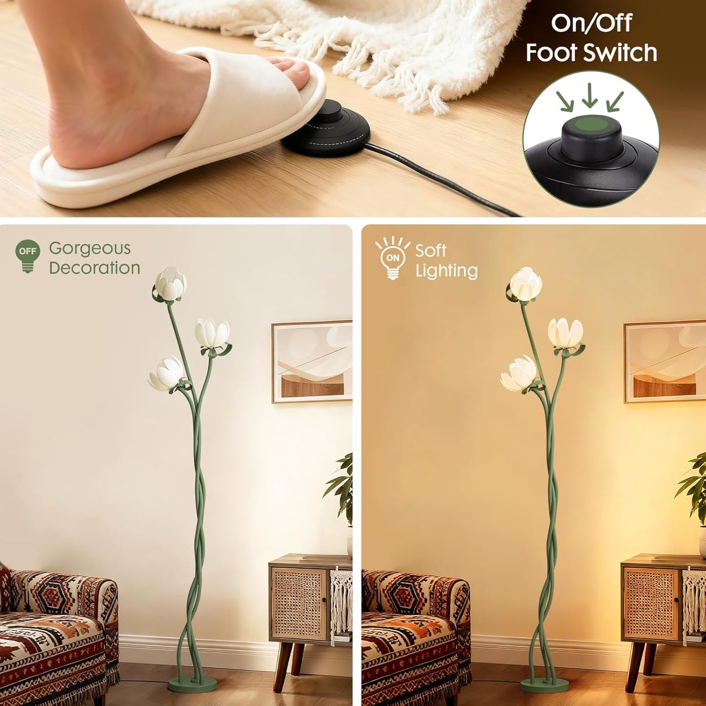 Vintage Floral Floor Lamp with 3 Adjustable LED Heads, Green Standing Lotus Light for Living Room Bedroom, 67" Tall Artistic Metal Lamp with Petal Shades, Foot Switch, LED Bulbs Included
