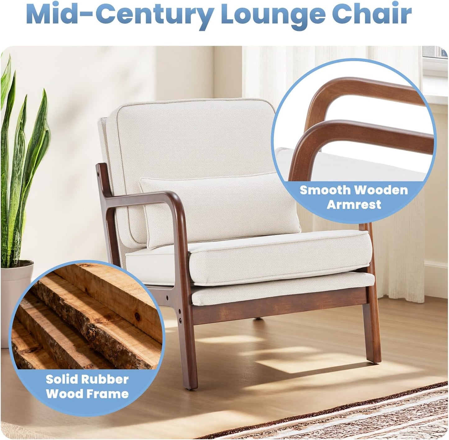 DUMOS Mid Century Modern Chair Set of 2, Accent Chair with Arms and Waist Cushion, Reading Chairs for Adults, Lounge Chair for Living Room and Bedroom, Solid Wooden Frame, Beige