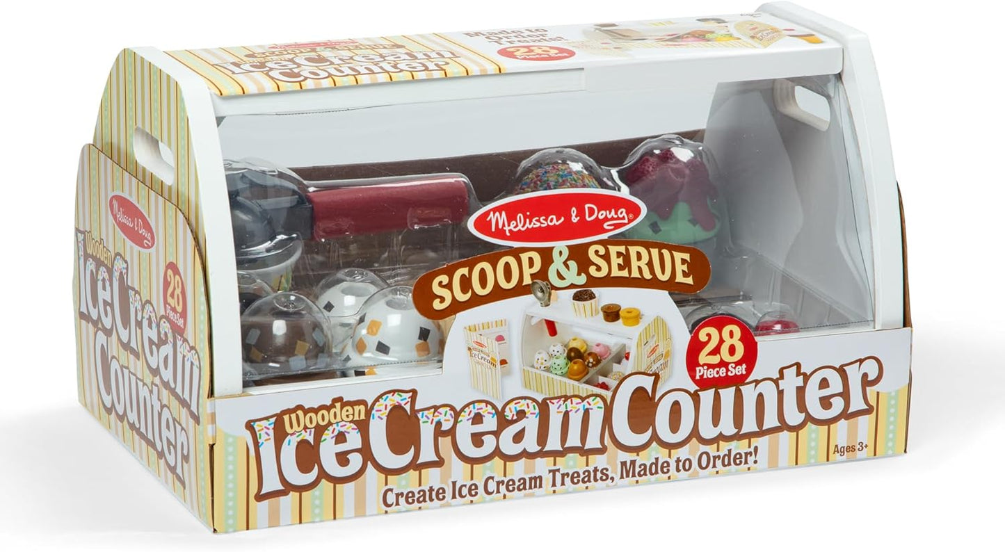 Melissa & Doug Wooden Scoop & Serve Ice Cream Counter, Pretend Play Store, 28 Toy Food & Play Kitchen Accessories, Preschool Toys for Girls & Boys 3+