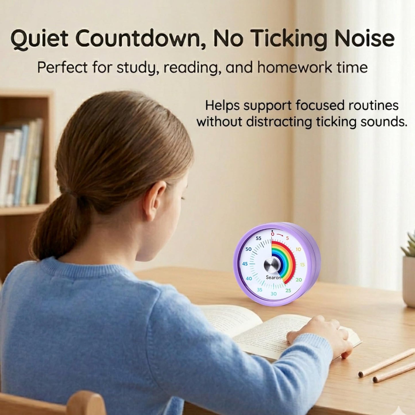 Searon Visual Timer for Kids with Magnet, Quiet 60 Minute Countdown Timer with Rainbow Disk, Sound or Silent LED Alert, for Homework, Reading, Study Time, Kitchen & Small Spaces (Purple)
