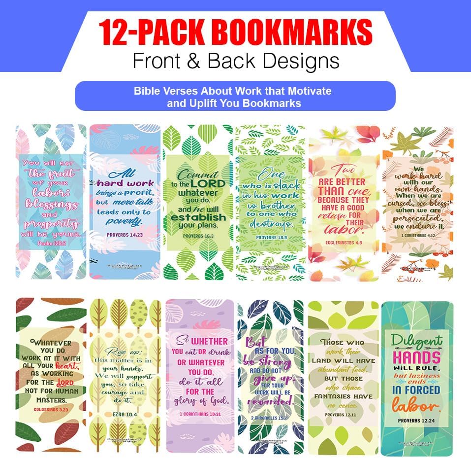 NewEights Bible Verses About Work That Motivate and Uplift You Bookmarks (12-Pack) - Daily Motivational Card Set – Collection Set Book Page Clippers – Ideal for Church Gifts for Boys Girls