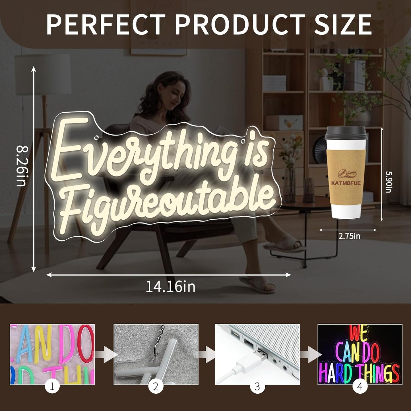 Everything is Figureoutable Neon Sign, Dimmable Neon Signs for Wall Decor Letter Light up Sign, Inspirational Classroom Wedding Room Desk for Home Decor 14.96 x 8.26 inch