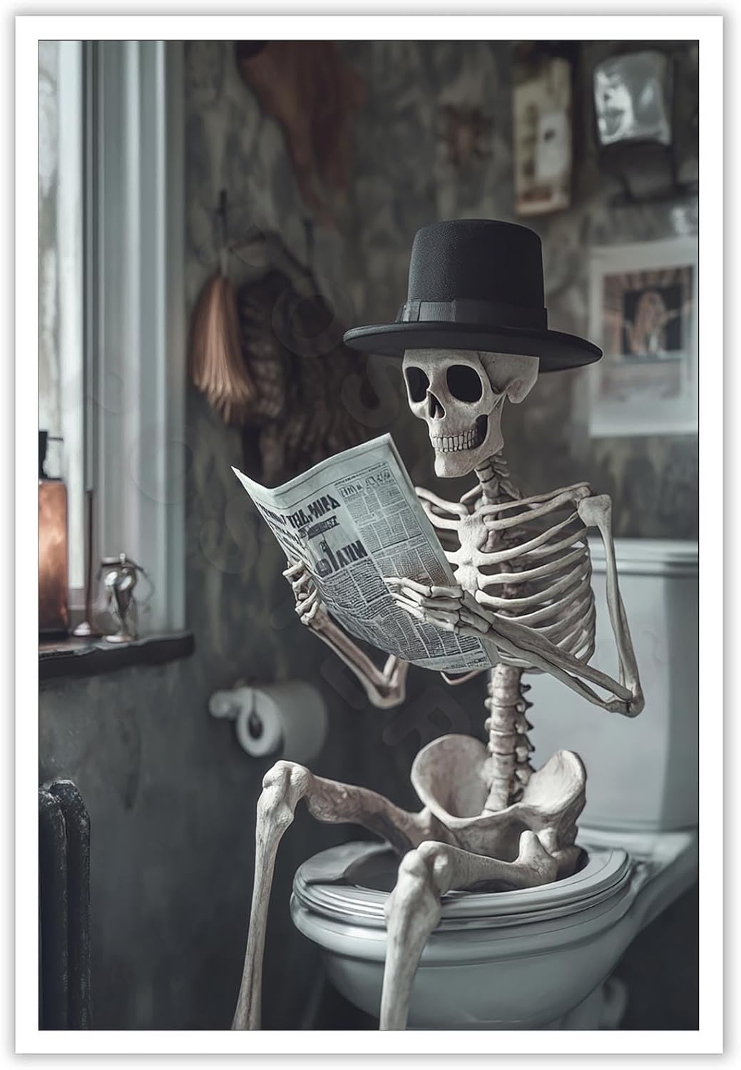 Funny Horror Skeleton Reading A Newspaper In The Toilet Print Picture Poster Whimsical Creepy Canvas Painting Wall Art Home Bathroom Room Decor Aesthetics 12X18 in Unframed