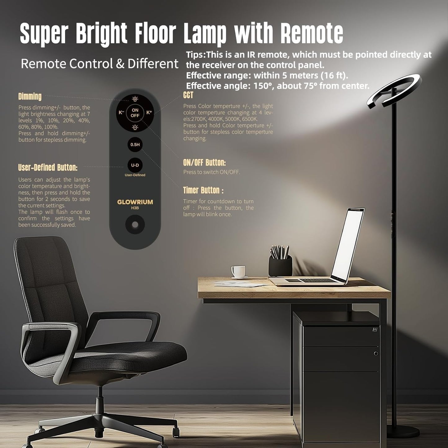 GLOWRIUM-H3B Floor Lamp for Bedroom, 71 Inch Bright LED Modern Corner Lamp with Remote, 4 Color Temperatures Tall Standing Reading Lamp with Timer for Bedroom, Stepless Dimmable, Rotatable Head