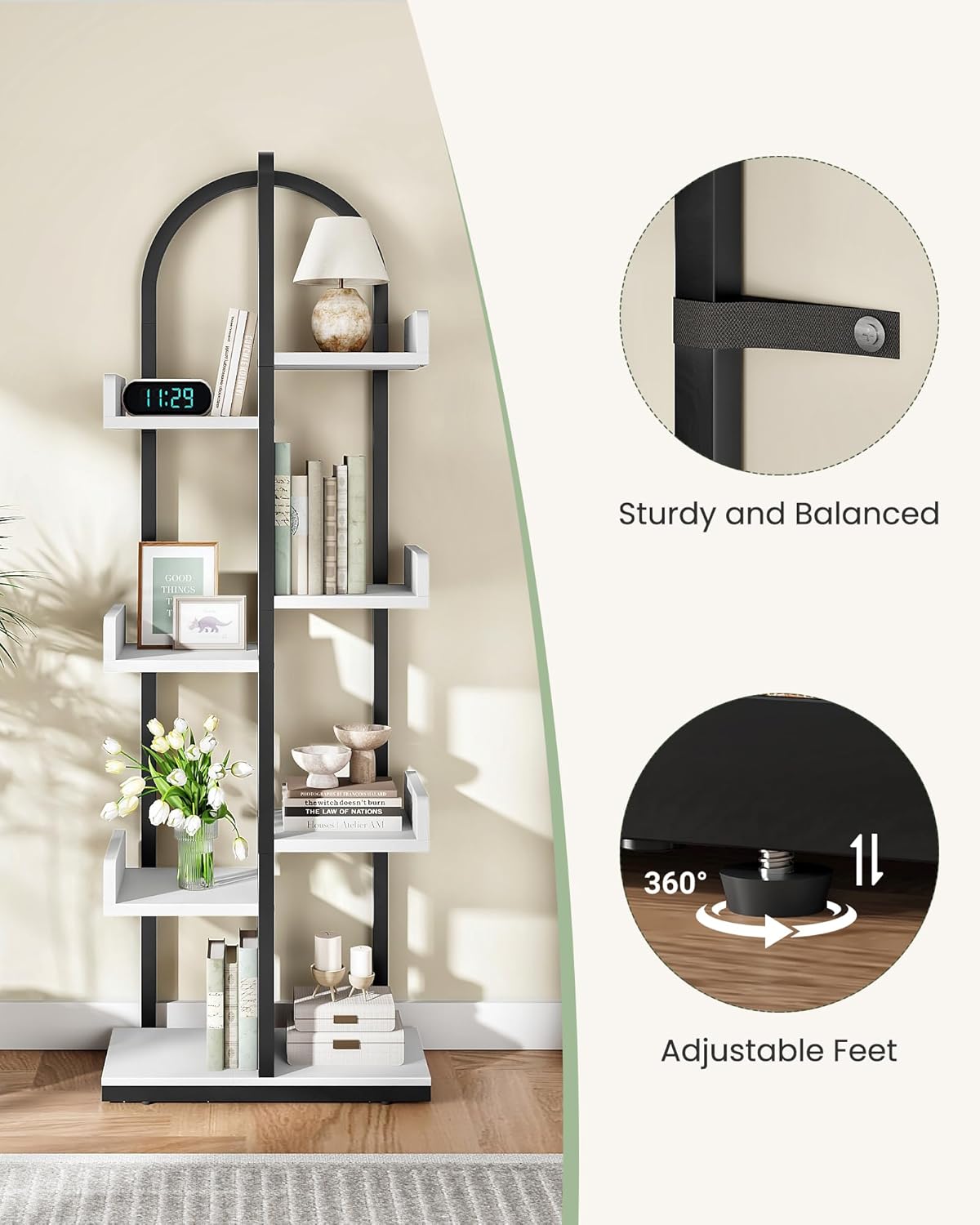 Corner Bookshelf, Curved 6-Tier Bookcase with Anti-Tip Kit, Adjustable Feet and Staggered Shelves for Living Room, Bedroom, Study, Office, White and Black TSJ06BW