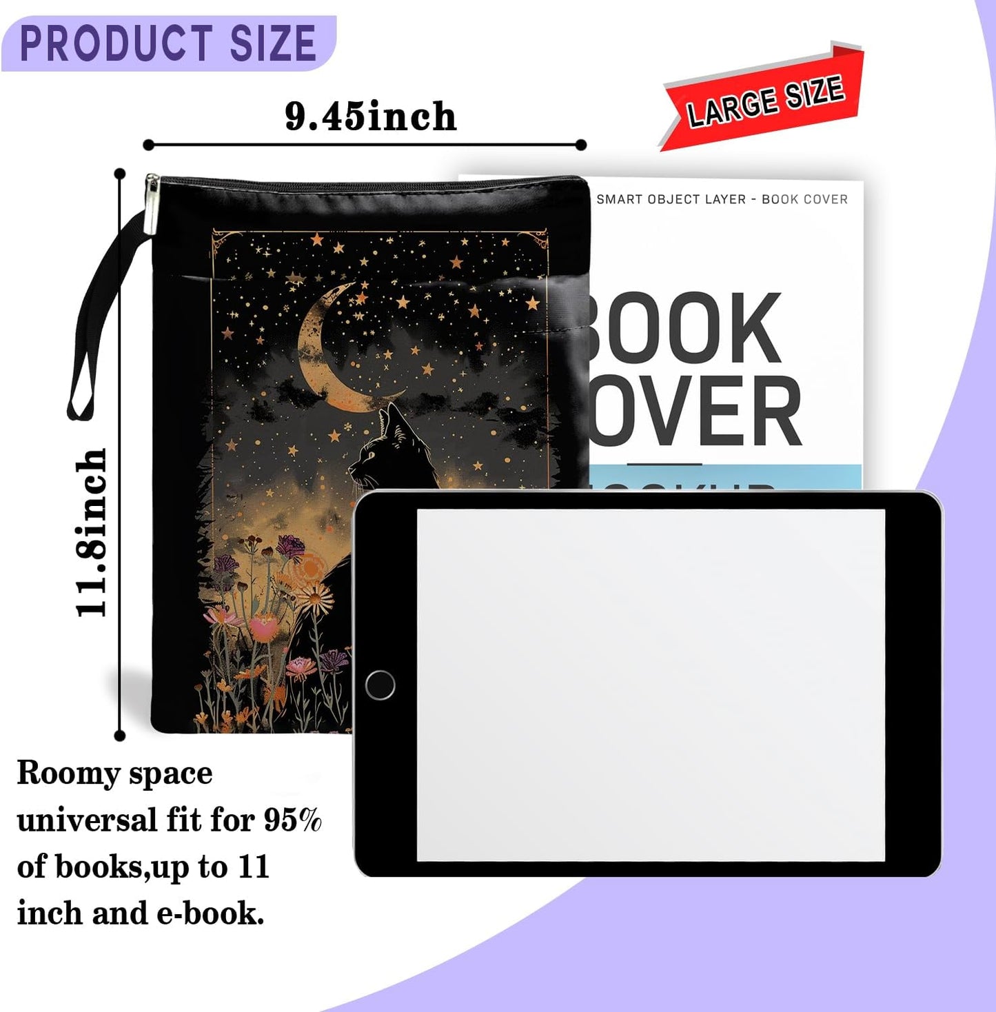 Cat Book Sleeve,Book Covers for Paperbacks,Book Sleeves with Zipper, Book Pouch Cat Lover Gifts for Women Teacher Daughter Graduation Birthday Gifts (Black Cat and Flower, Large)
