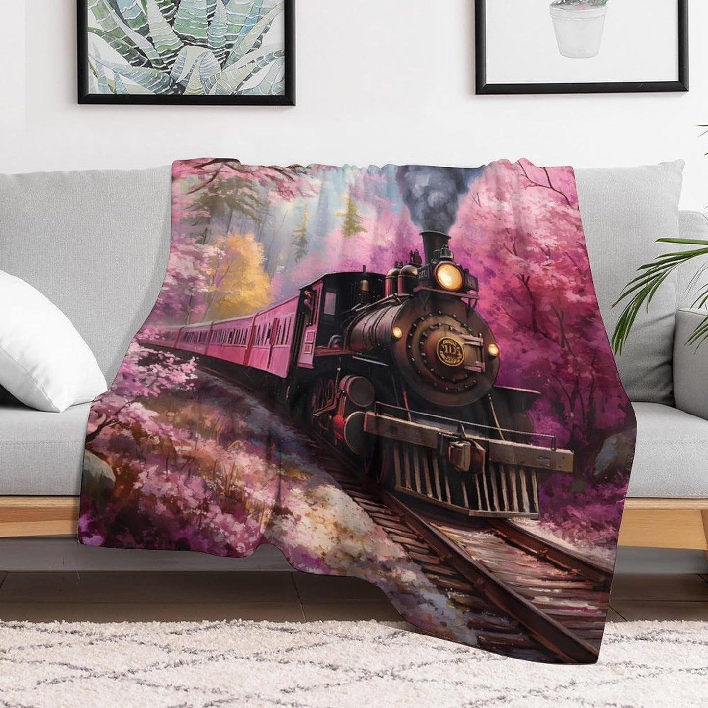Train Floral Print Throw Blanket for Couch Bed Plush Cozy Fuzzy Flannel Blanket for All Season 55"x70"