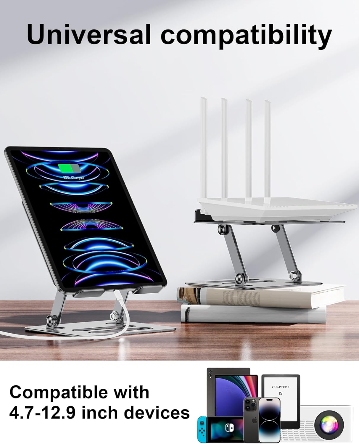 T-Ablet Stand for iPad, Adjustable Foldable Aluminium T-Ablet Stand Holder for Desk for T-Ablet (4.7-12.9 inch) Kindle and Foldable Phone Compatible with iPad Series,Galaxy Z Flip5, Silver Gray