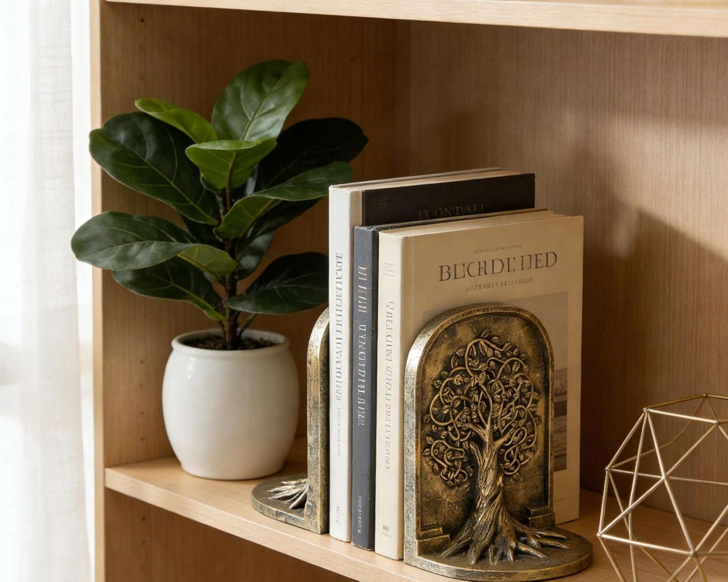 Tree of Life 3D Bookends with Intricate Details, Solid Resin Construction Non-Slip Design, Antique Gold Decor for Home Library, Office