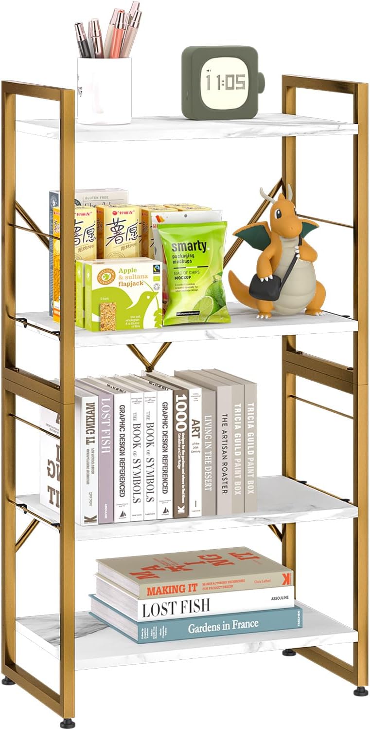 4 Tiers Bookshelf Adjustable White Faux Marble Organizer, Modern Small Bookcase for Small Space,Industrial Wooden Storage Display Rack and Storage Organizer for Living Room Home Office(Glod)