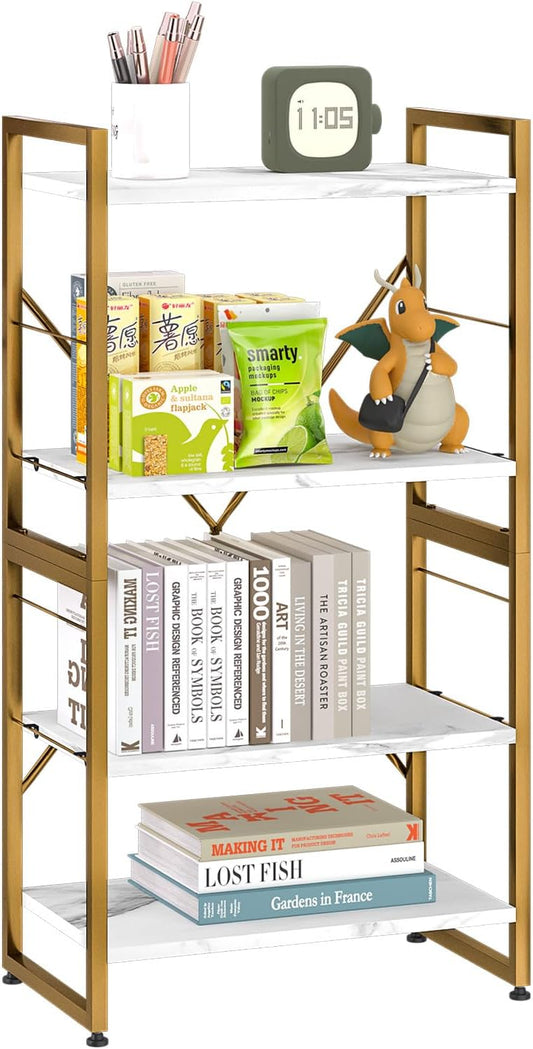 4 Tiers Bookshelf Adjustable White Faux Marble Organizer, Modern Small Bookcase for Small Space,Industrial Wooden Storage Display Rack and Storage Organizer for Living Room Home Office(Glod)