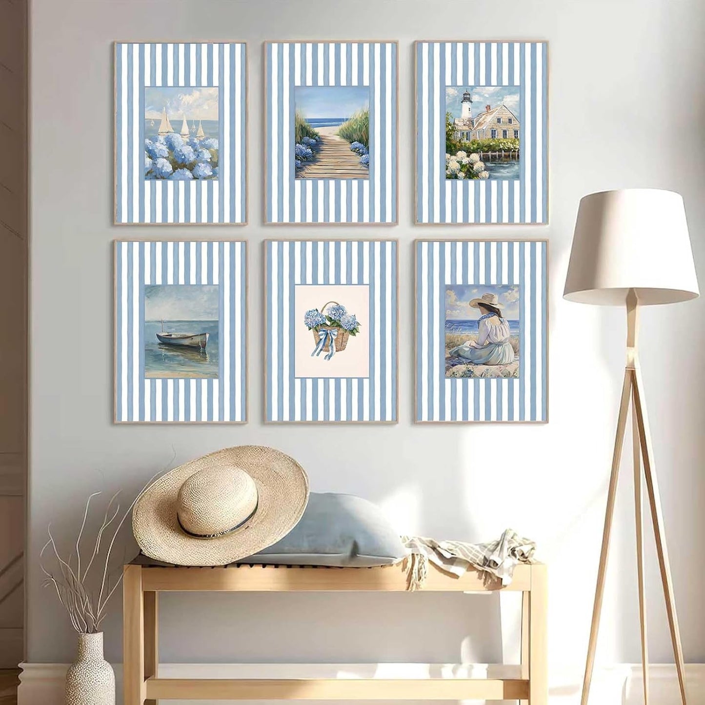 6Pcs Coastal Granddaughter Wall Art Prints Blue Stripe Hydrangea Beachy Wall Decor Pictures Summer Beach House Preppy Aesthetic Posters for Girly Bedroom Dorm Apartment Home Decoration (blue, 10"L x 8"W, Unframed)