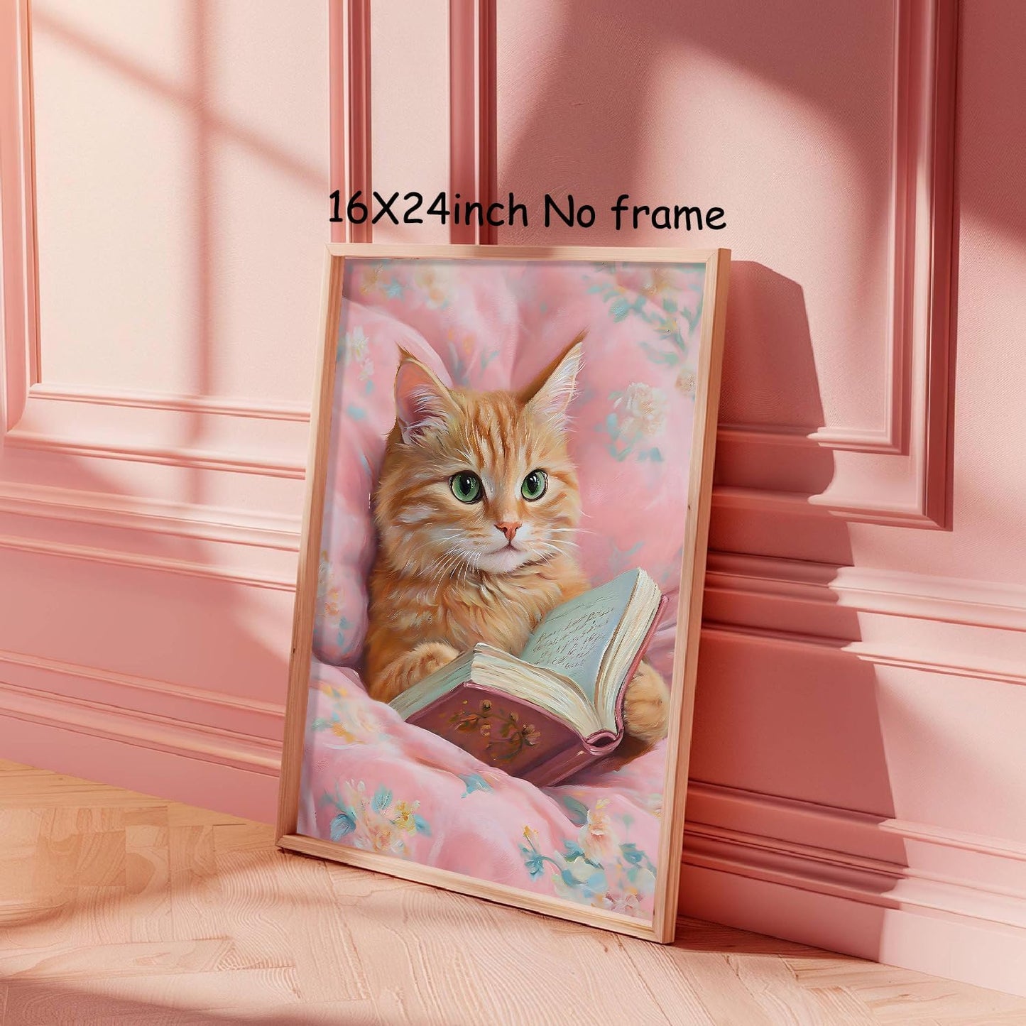 Cat Reading Book Wall Art Funny Aesthetic Cat Paintings Artwork Trendy Animal Poster Cats Floral Wall Art Animals Reading Books Prints Cute Pink Cats Picture Wall Decor 16x24in Unframed
