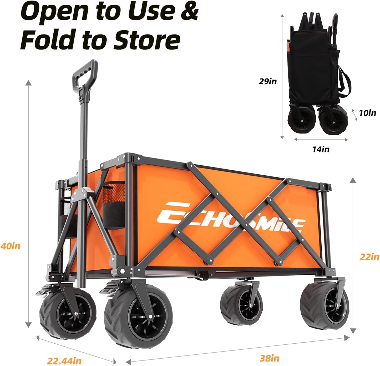 EchoSmile Collapsible Folding Wagon Cart with Compact Storage - 400Lbs Capacity All Terrain Utility Cart for Camping, Beach, Grocery, Gardening(Orange)