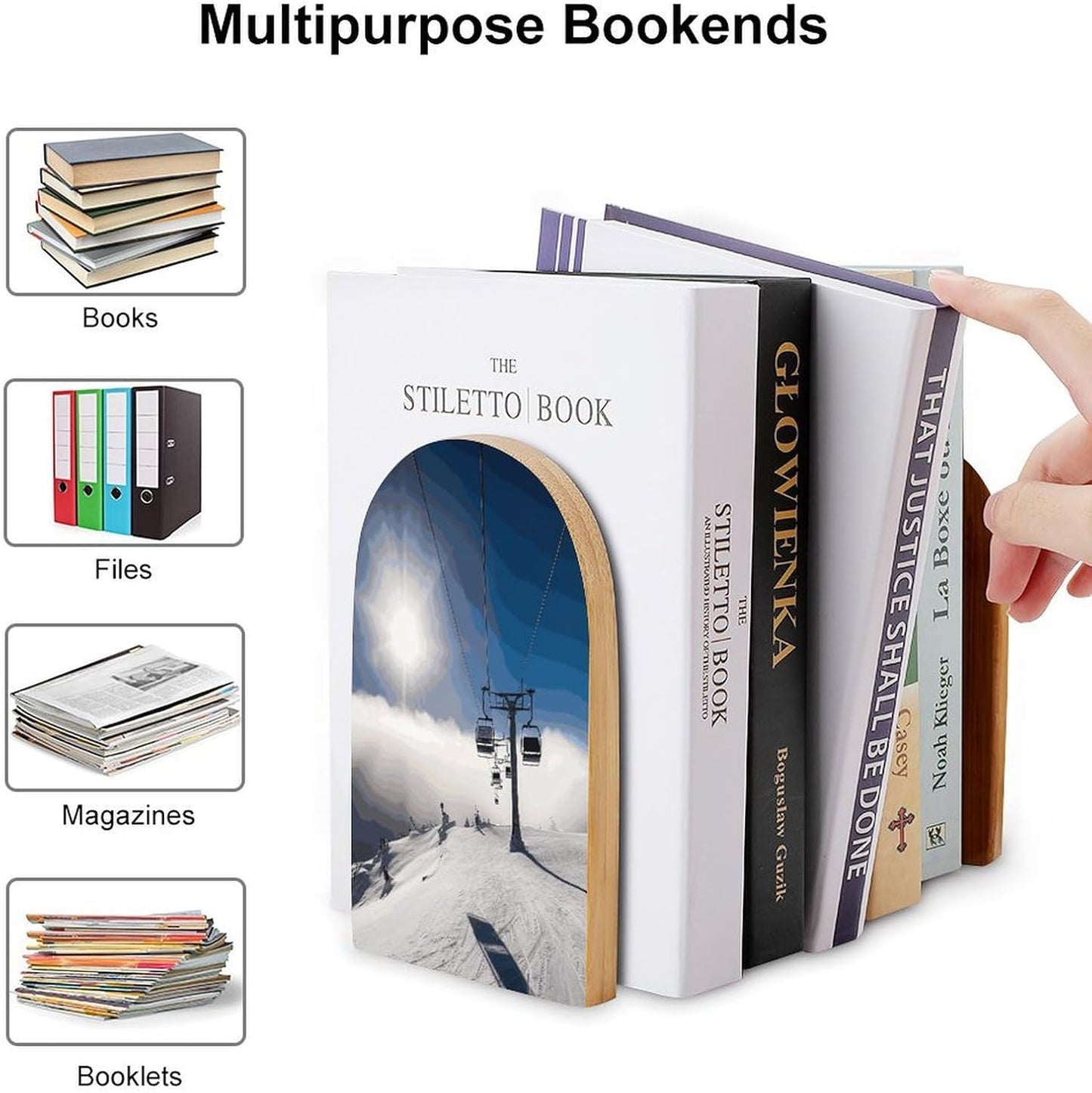 Ski Lift at Sunshine Bookend for Shelves Wooden Book End Large Size Sturdy Book Holders Stoppers with Metal Base for Bookshelves Slick Decorative Bookends Stands