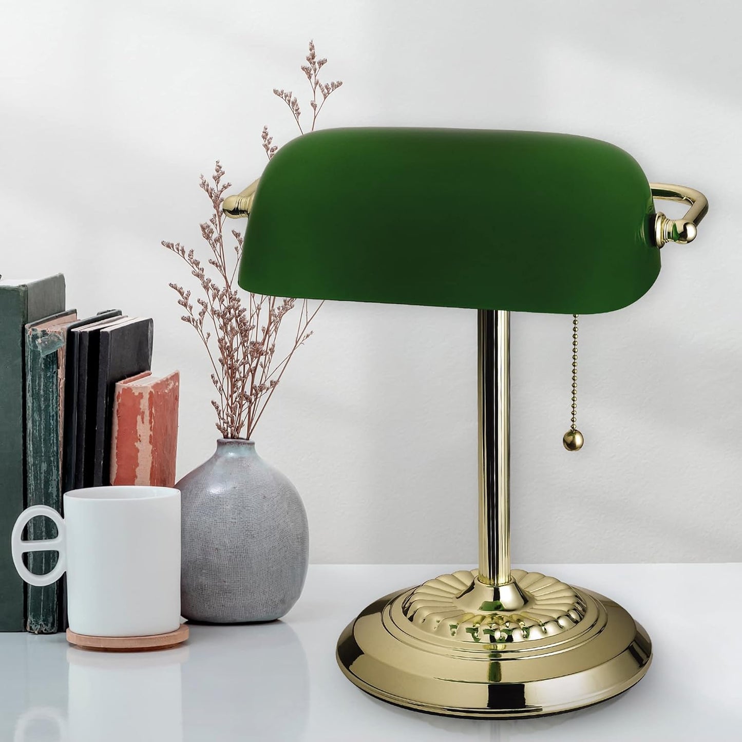 Catalina Lighting 17466-017 13.5'' Traditional Banker's Lamp Light Fixture with Green Glass Cylinder Shade for Office, Library, Living Room, or Dorm, Polished Brass