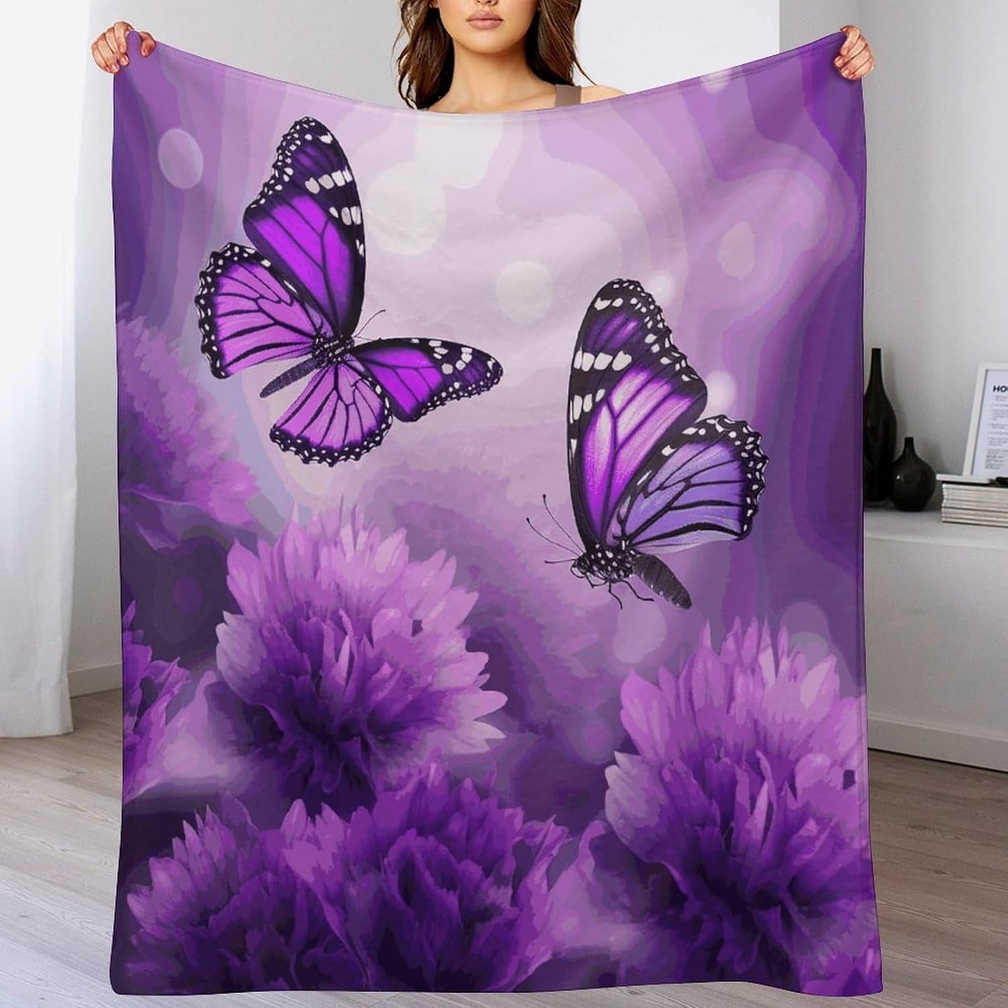 Purple Flower Butterflies Blanket Super Soft Lightweight Throw Blanket Cute Cozy Warm Bed Blanket Decorative Fuzzy Blanket All-Season Home Decor Gift for Sofa Couch Living Room 50"*60"（130 * 150cm）