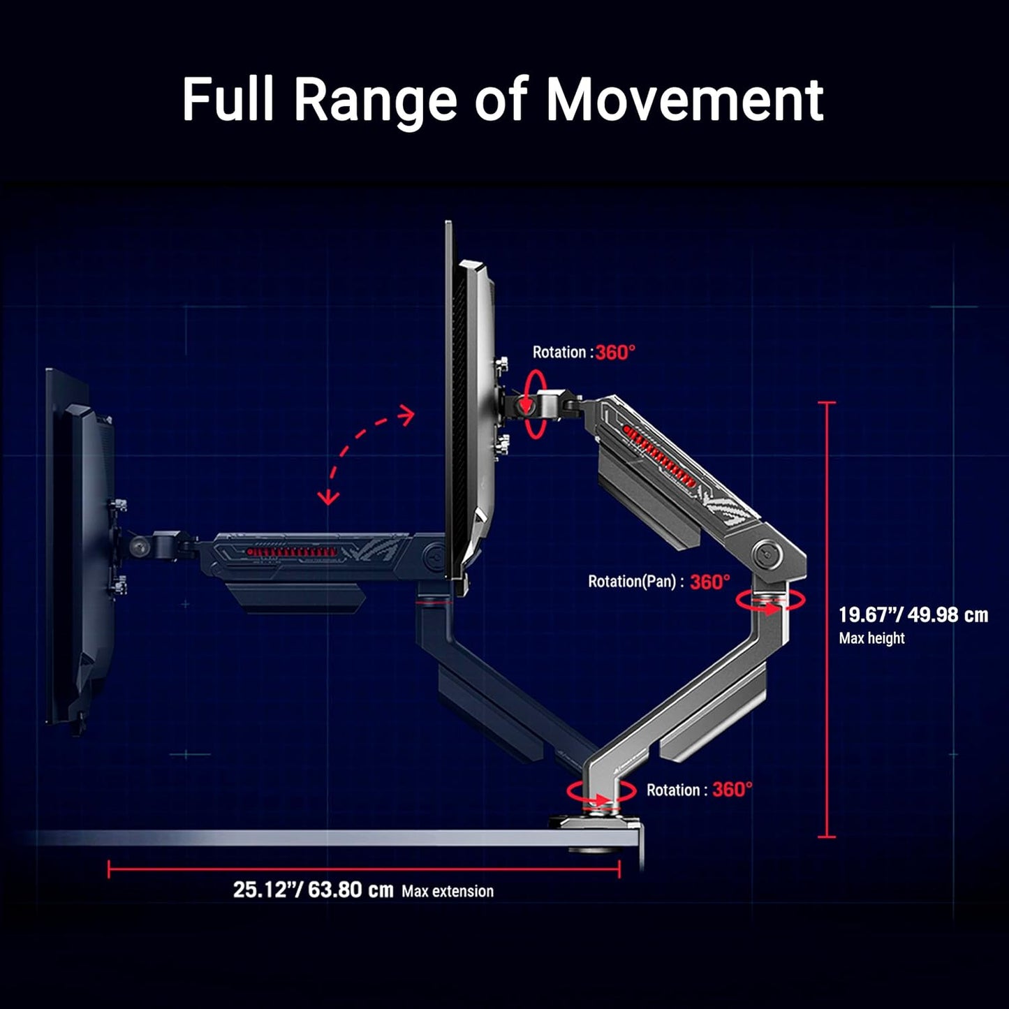 ROG Ergo Monitor Arm (AAS01R) – Mechanical Spring Monitor Mount with Desk Clamp and Grommet Mount, Holds Up to 49-inch* Within 13.5kg, Pivot/Swivel/Tilt/Rotation/Height Adjustable, VESA 100 x 100 mm