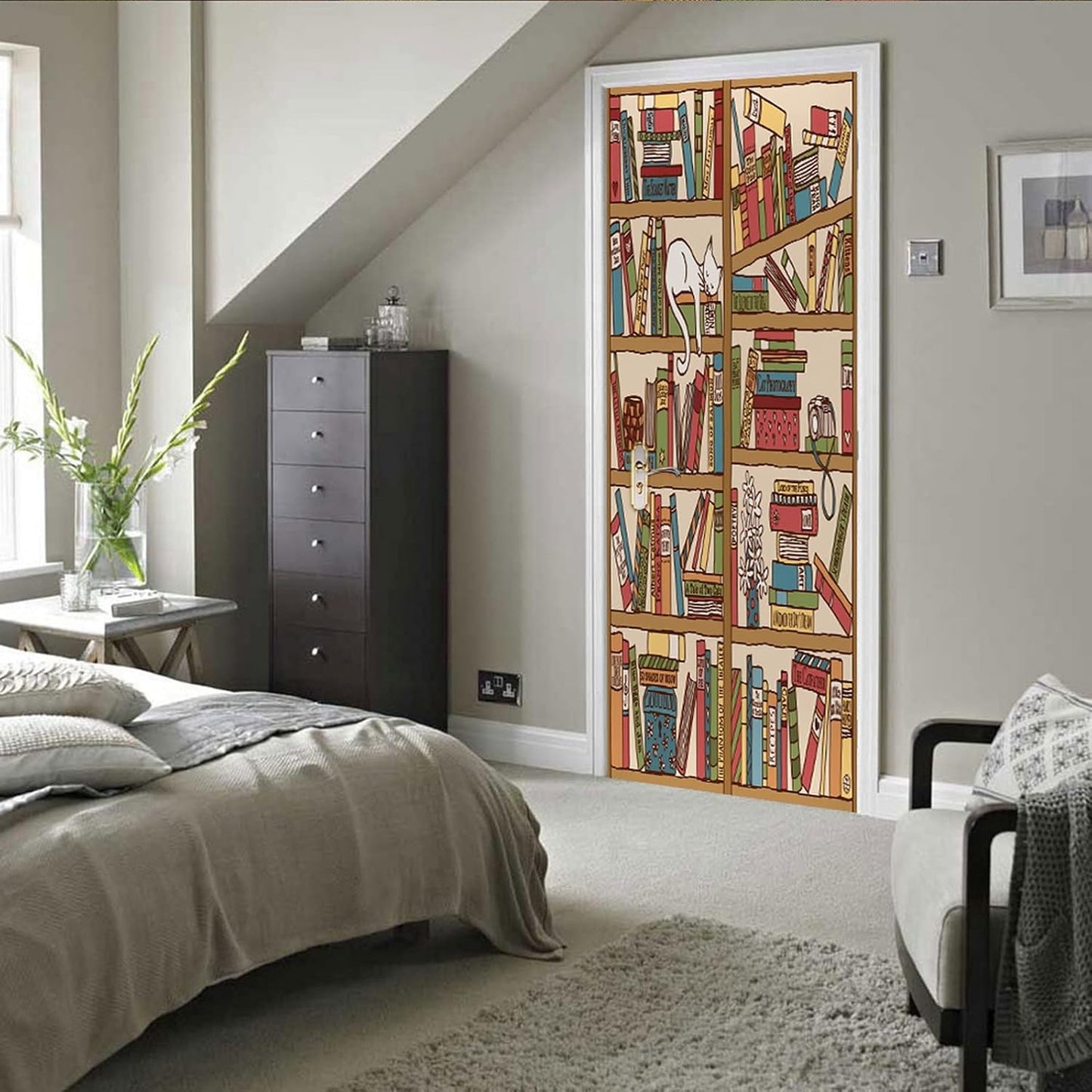 3D Door Stickers for Interior Doors Hand Drawn Bookshelf with Sleeping Cat Vinyl Waterproof Self Adhesive Door Mural Decals for Bedroom Office Bathroom 77 x 200 cm