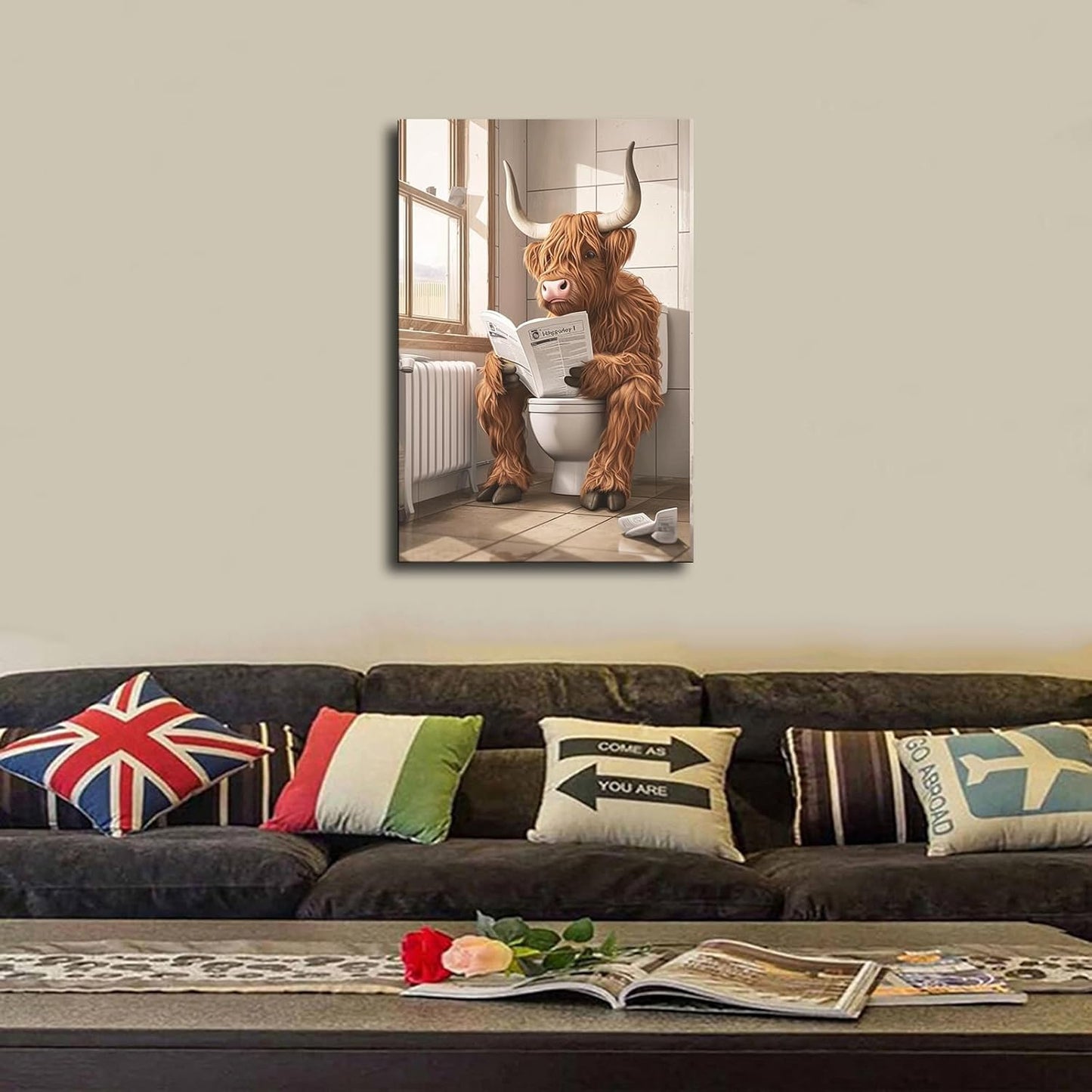 chenmjj Highland Cattle Sitting on Toilet and Reading Newspaper Print Poster Picture HD Print Poster Retro Painted Modern Home Bedroom Room Aesthetic Decoration Canvas Art (16x24inch Framed)
