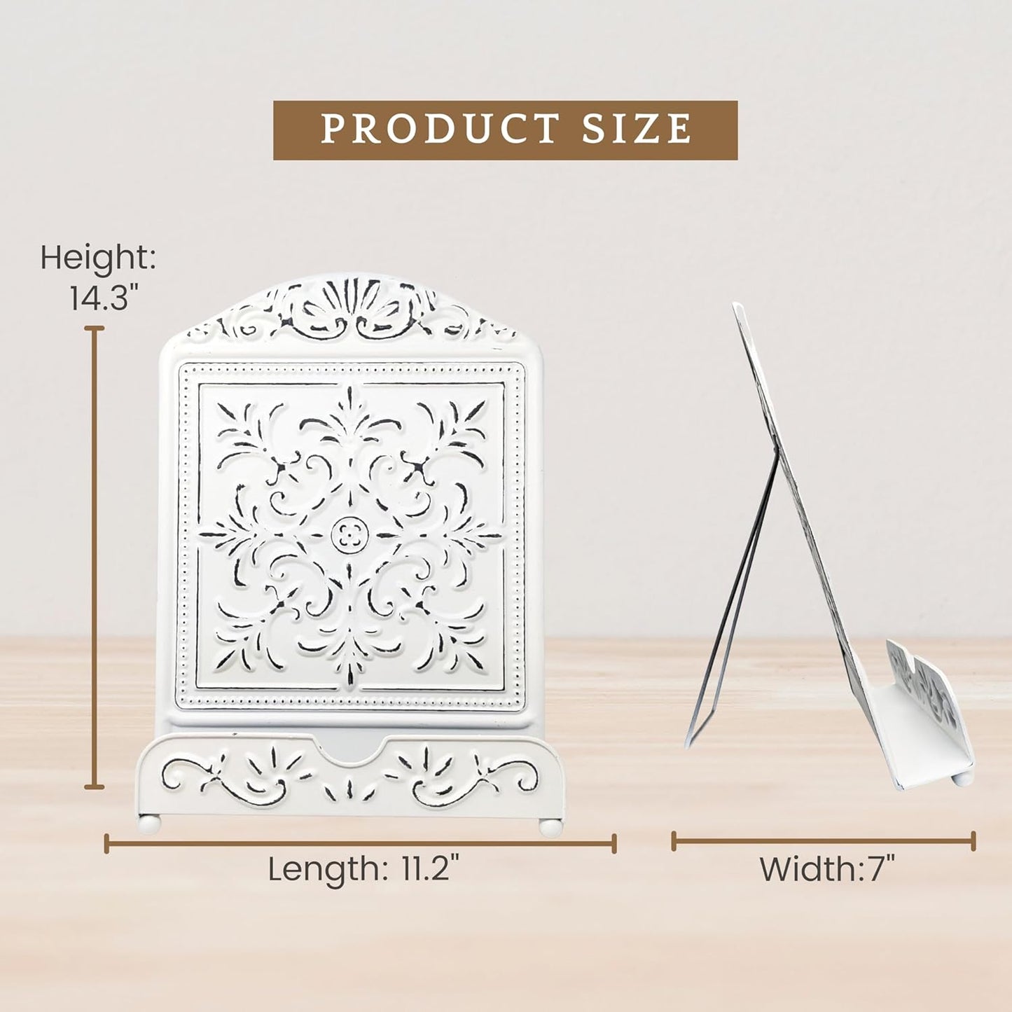 Metal Recipe Book Stand – White Ornate Cookbook Holder with Floral Design – Distressed Vintage-Style Decorative Easel for Kitchen, Farmhouse Decor, Counter Display – Great Gift for Moms & Cooks