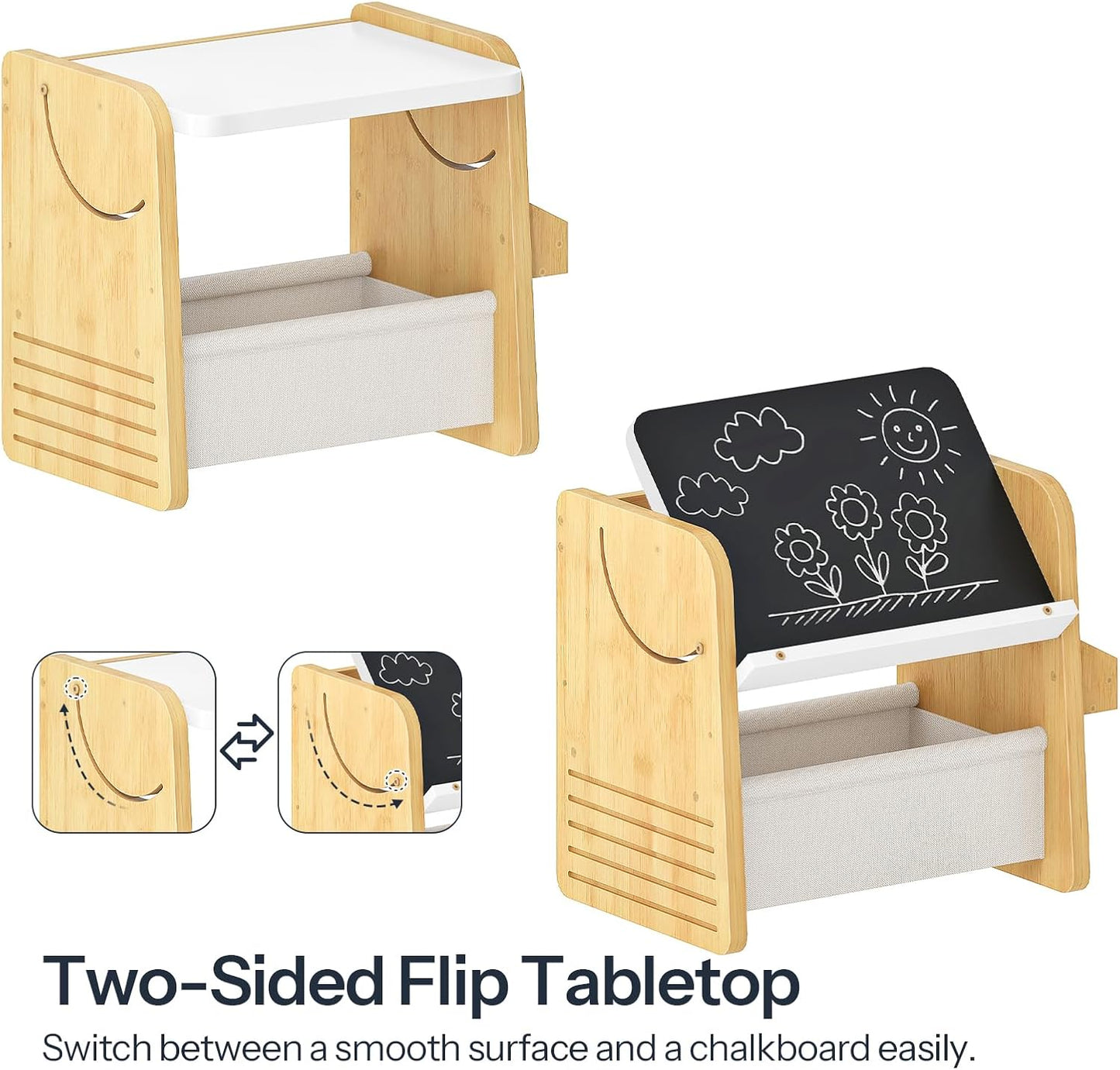 HOOBRO Kids Table and Chair Set, Bamboo Toddler Table and Chair Set, Weaning Baby Table Chair Set for Age 1-3, Two-Sided Flip Tabletop, Kids Funiture for Reading Eating Playing Natural YW30KT01