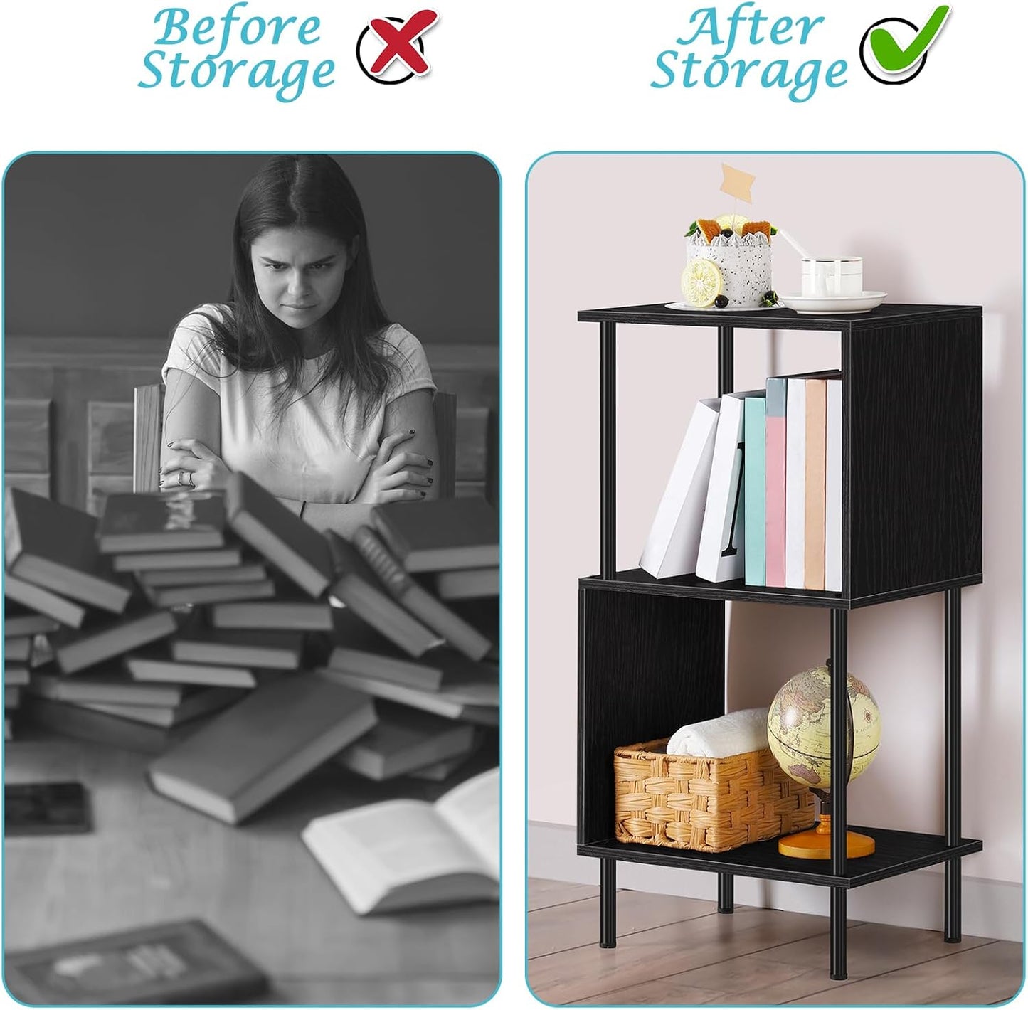 ETELI 3-Tier Side Table Small Tall S-Shaped End Table with Open Book Shelf Industrial Black S-Shaped Bookcase Bedside Table for Office Living Room Bedroom Home Corner