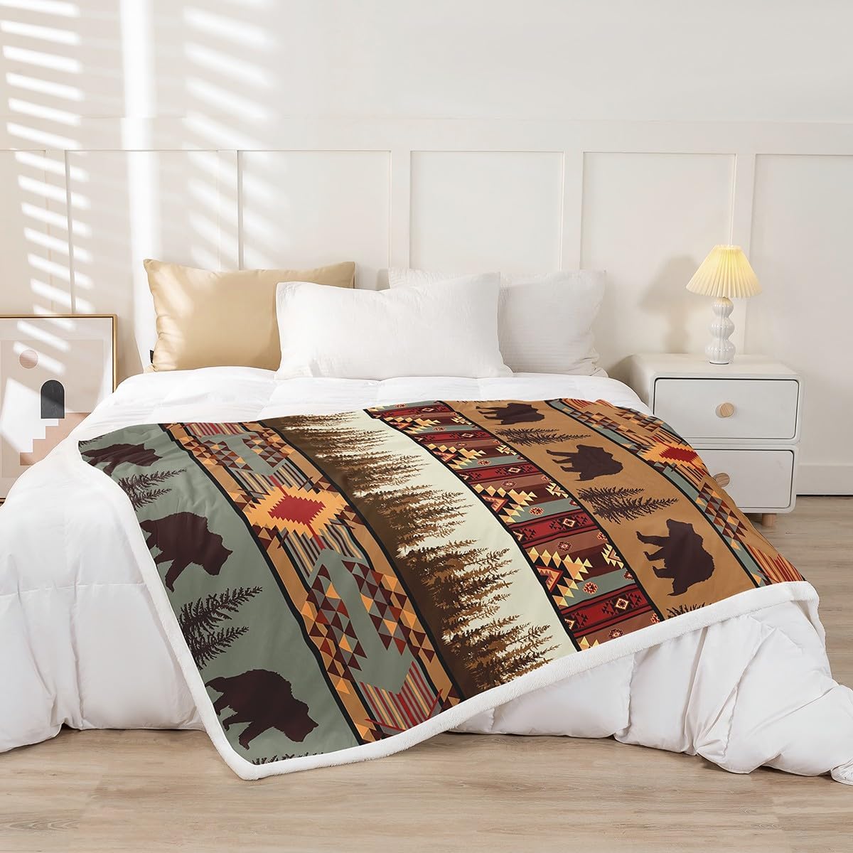 Feelyou Boho Fleece Throw Blanket Throw 50"x60" Bear Plush Blanket for Boys Girls Teens Rustic Sherpa Blanket Cabin Fuzzy Blanket Olive Brown Flannal Blanket