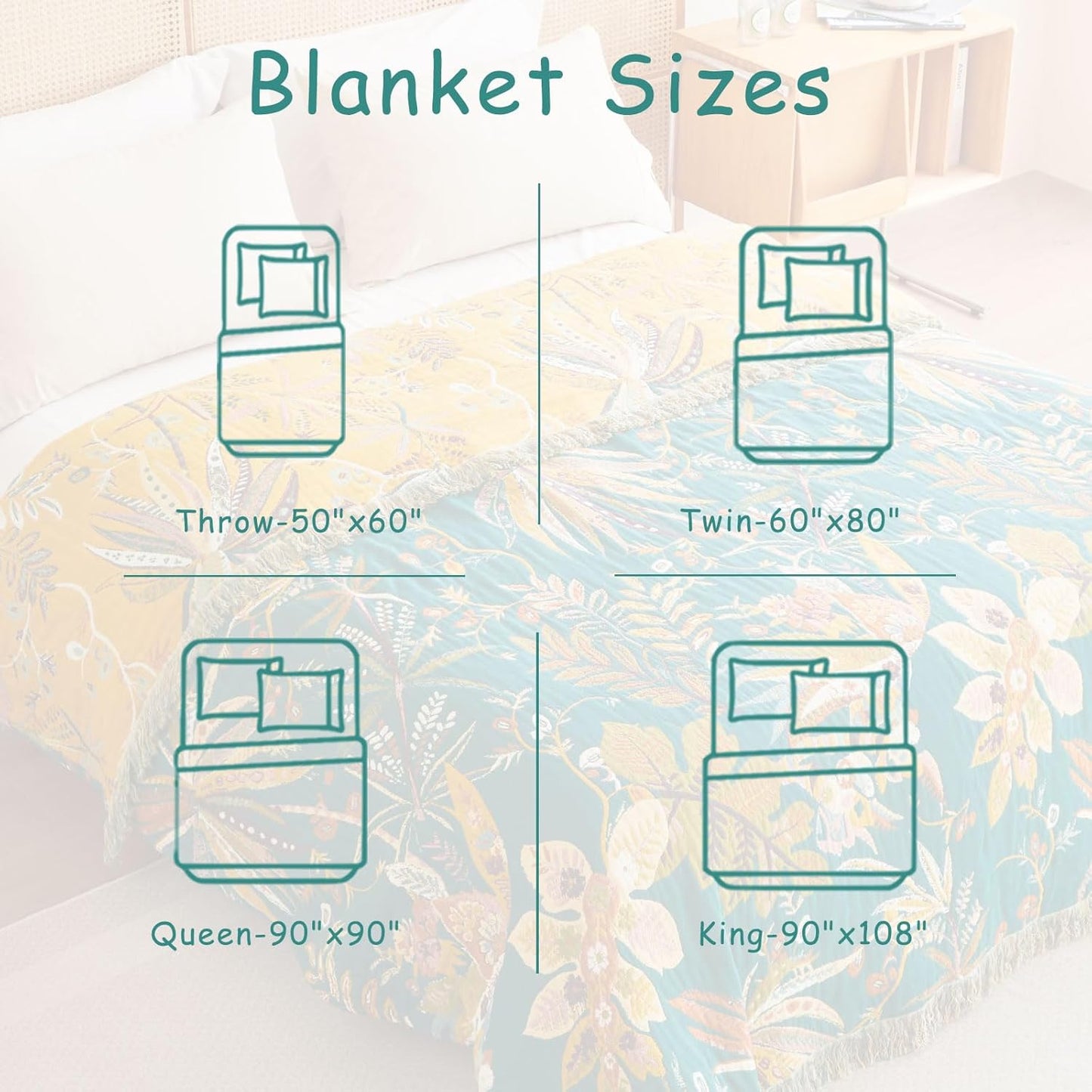 Boho Throw Blanket - 60"x80" Soft Cotton Throw Blanket Muslin Blankets for Bed, Reversible Lightweight Spring Blanket with Floral Printed, All Season Farmhouse Decor Rustic Blanket