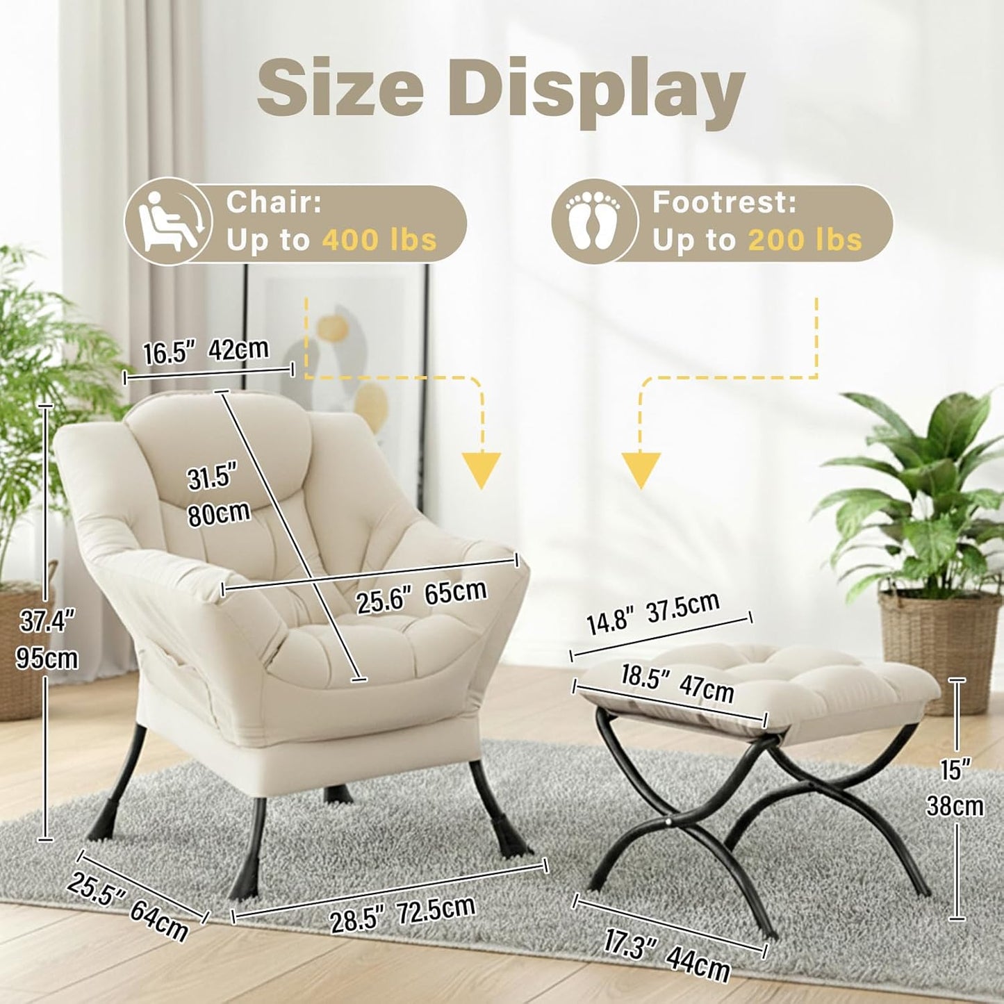 Lazy Chair and Ottoman, Large Velvet Beige Accent Chair with a Side Pocket, Modern Leisure Upholstered Reading Armchair with Footrest for Office, Bedroom, Living Room, Dorm Rooms, Balcony