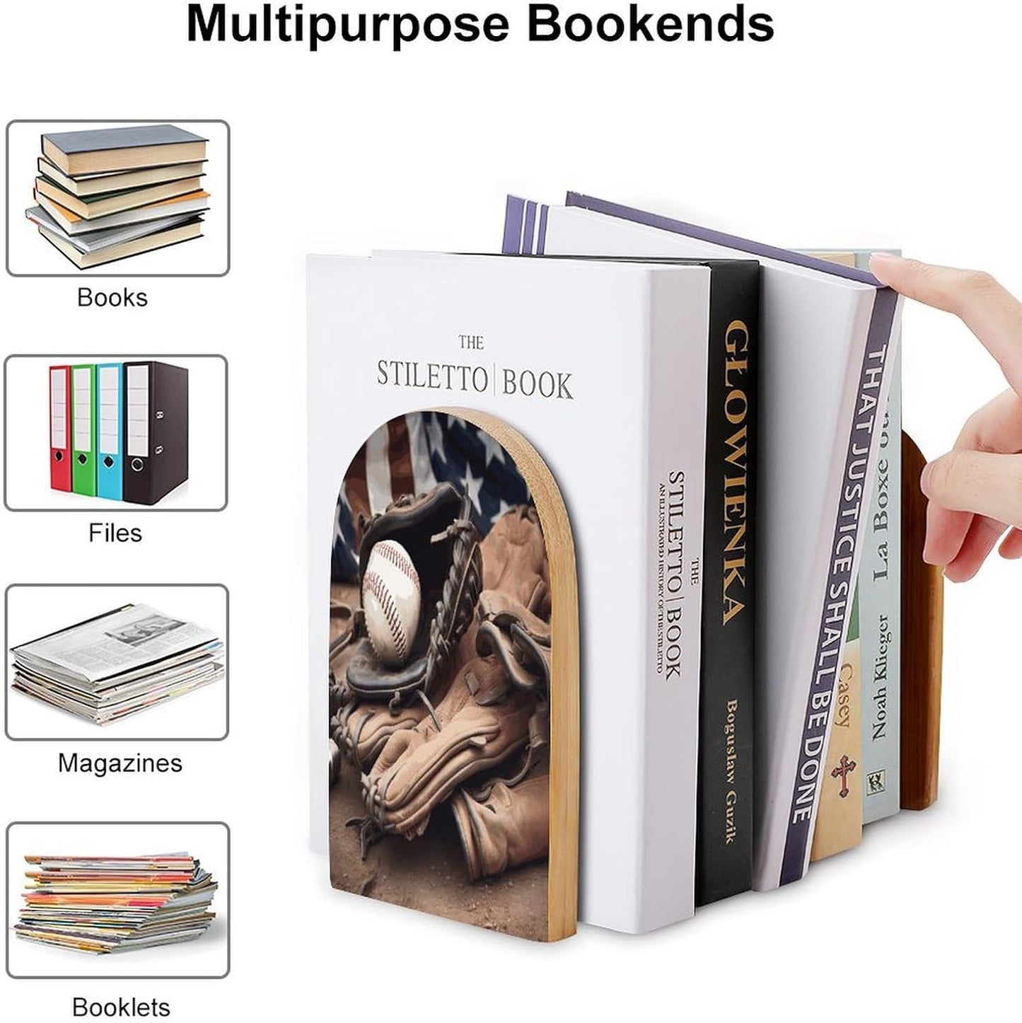 Baseball Equipment Bookend for Shelves Wooden Book End Large Size Sturdy Book Holders Stoppers with Metal Base for Bookshelves Slick Decorative Bookends Stands
