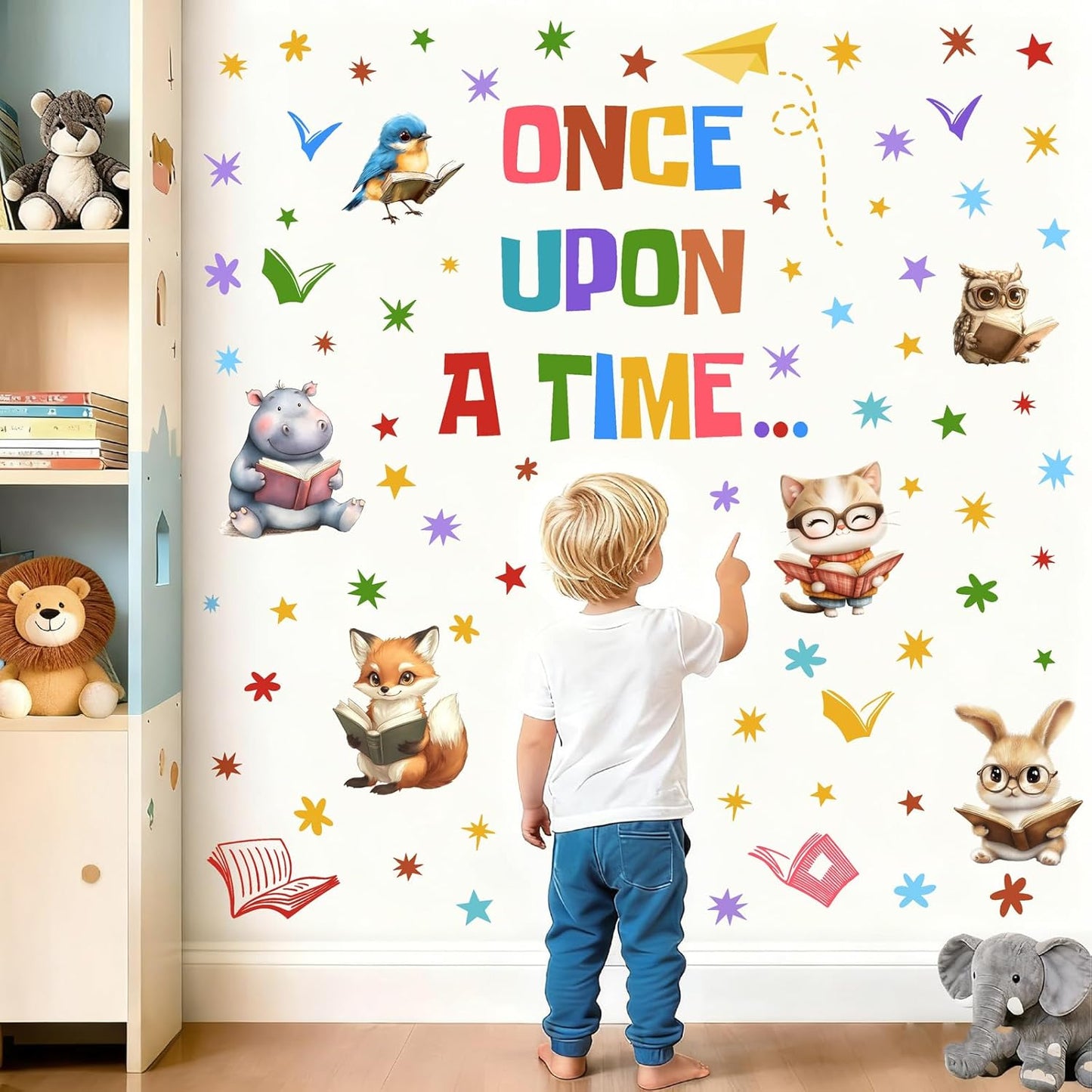 Reading Wall Decal Library Book Wall Stickers Story Read Book Animal Wall Decals Peel and Stick Reading Corner Wall Stickers for Nursery Kids Room Playroom Daycare Classroom School Decor