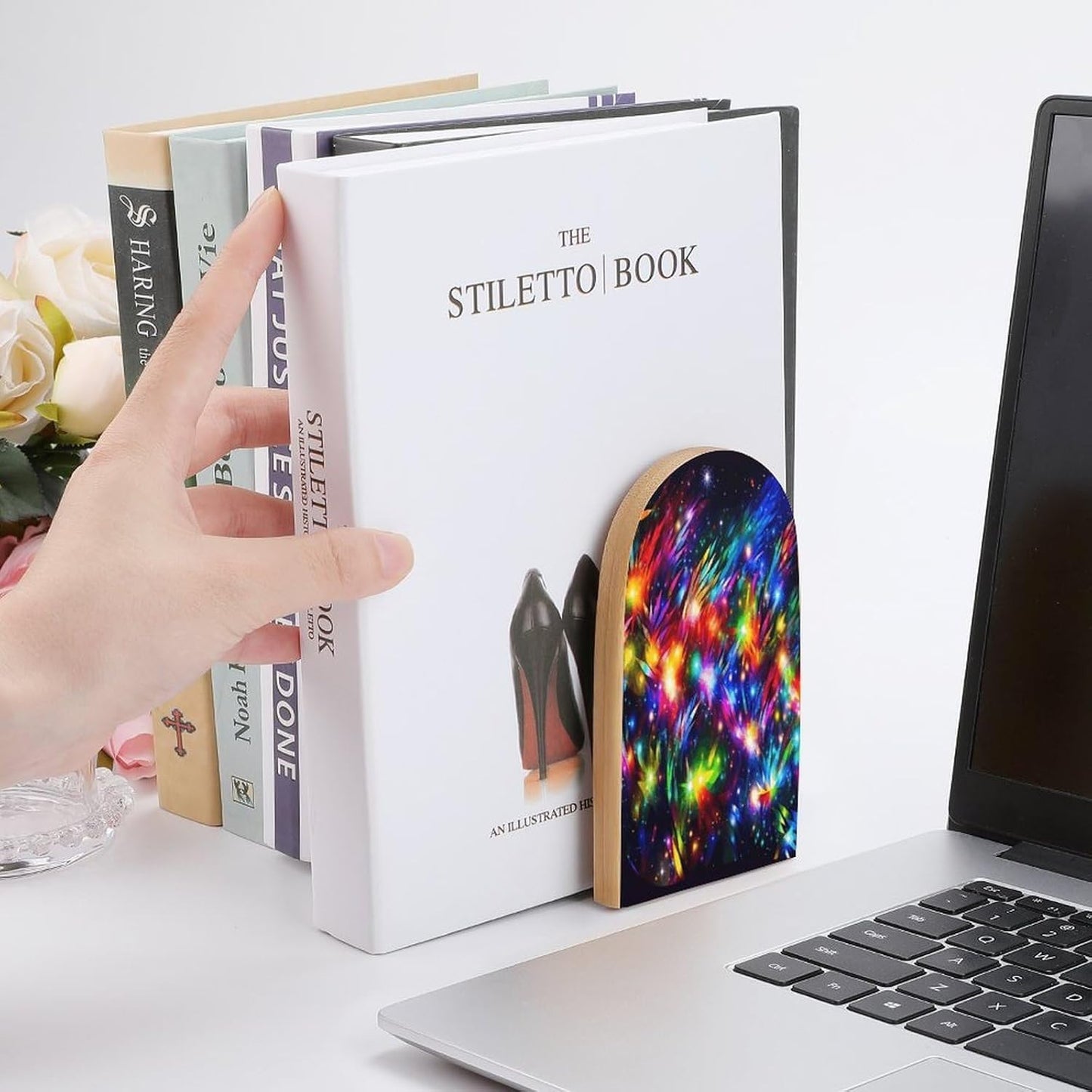 Bright Beautiful Colorful Art Bookends 1 Pair Heavy Duty Book Ends for Shelves Non-Skid Bookend Supports Wooden Book Holders with Metal Base Desk Organizers Books Storage to Hold Books