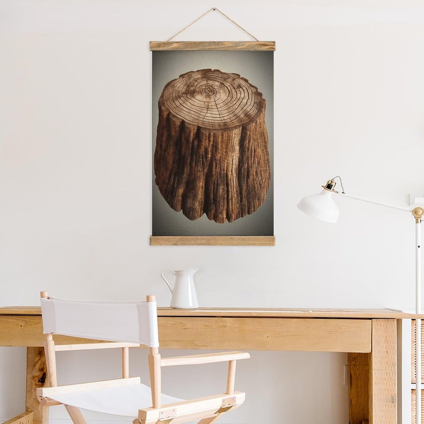 Vintage Stump of Oak Tree Poster with Wooden Frame Personalized Linen Hanging Scroll Painting Rustic Wall Hanging Illustrative Modern Artwork Decor for Home Living Room Bedroom Office