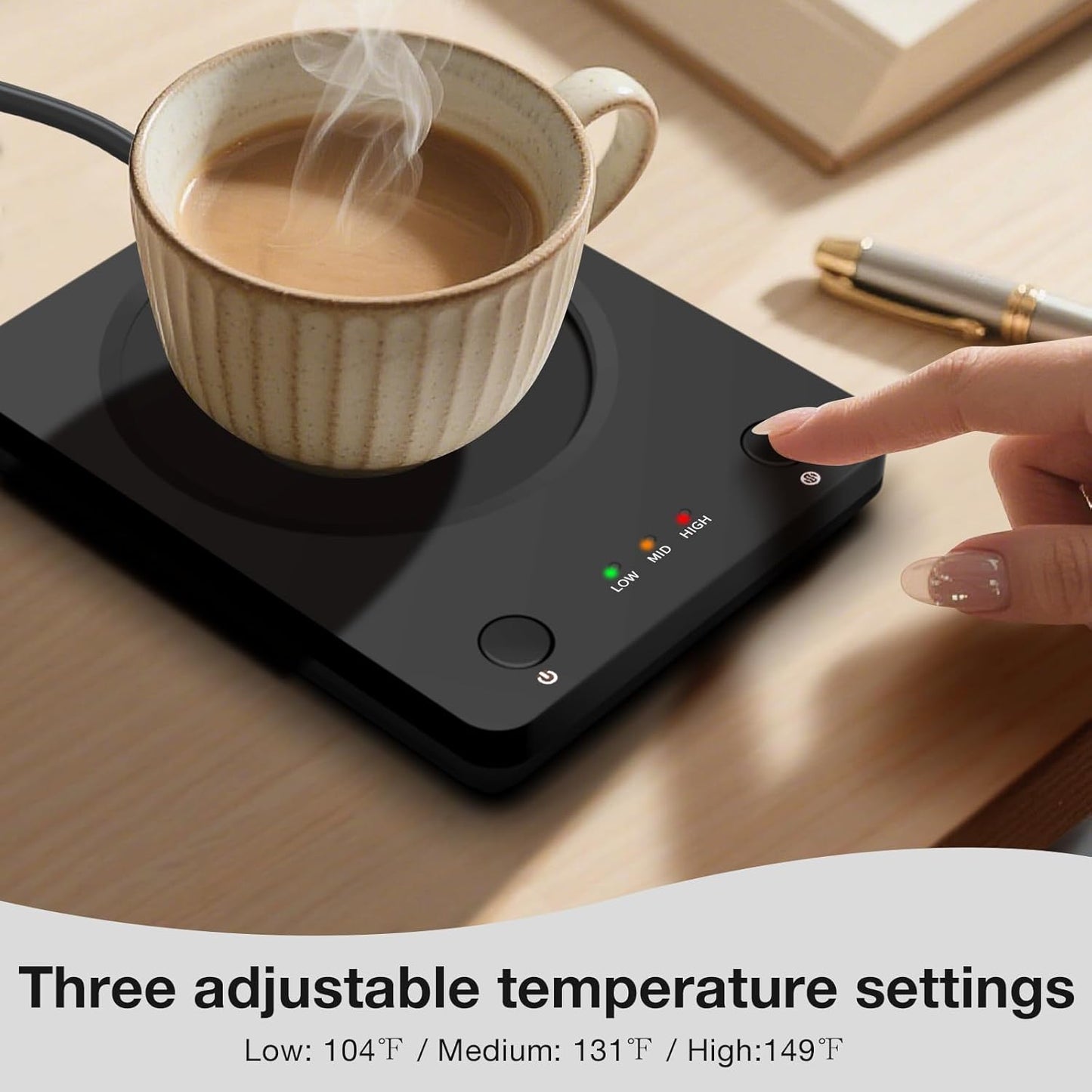 SEALON SLM03 Electric Coffee Mug Warmer - 3-Temperature Desk Cup Warmer with Auto Shut-Off (4 Hours) for Heating Coffee, Tea, Milk & Beverages