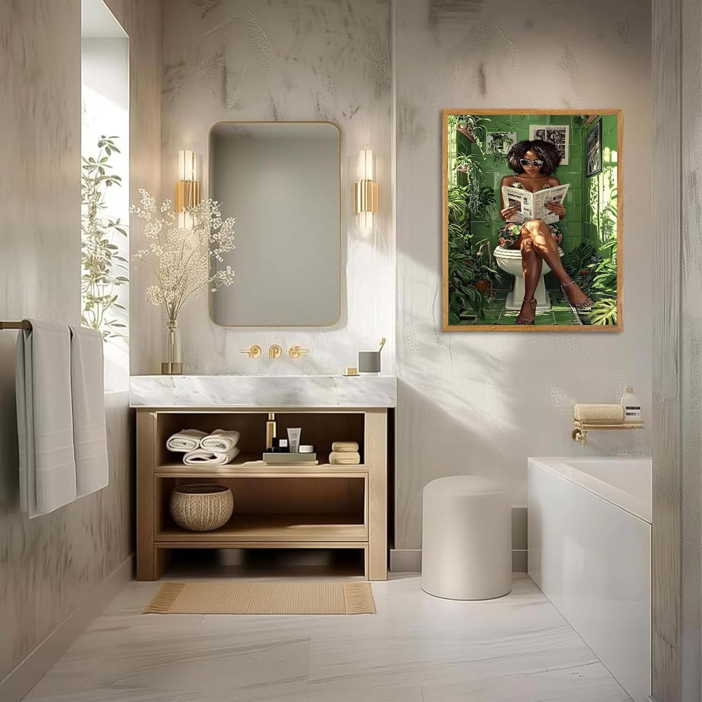 YUECOSHMAO African American Bathroom Decor Wall Art Dark Green Bathroom Mural Art Black Woman Reading in Green Botanical Toilet Poster Black Stylish Aesthetics Room Decoration 16X24 Inch Unframed