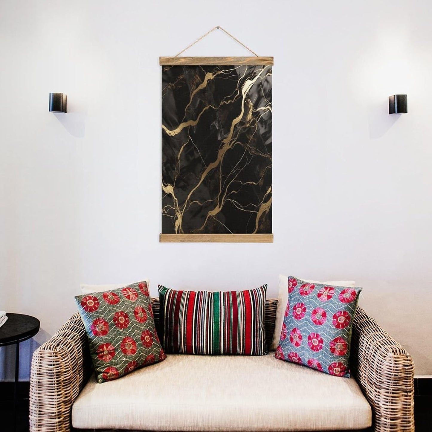 Vintage Black Gold Marble Poster with Wooden Frame Personalized Linen Hanging Scroll Painting Rustic Wall Hanging Illustrative Modern Artwork Decor for Home Living Room Bedroom Office
