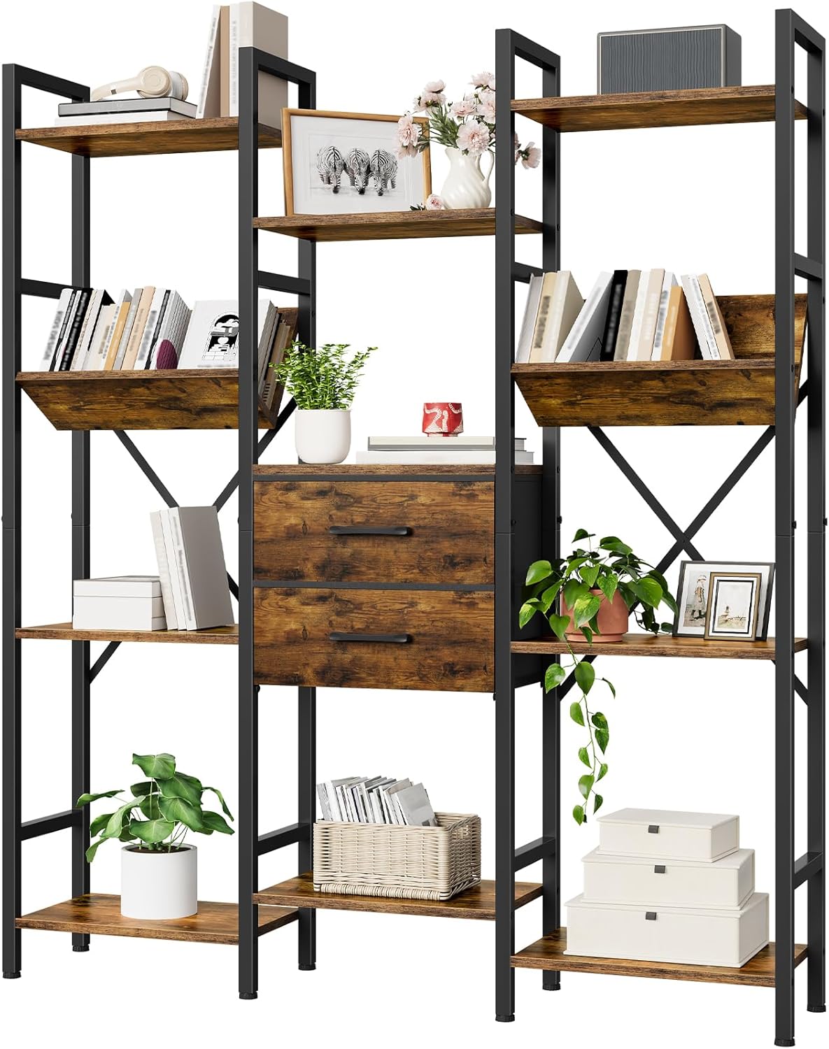 3-Column Bookcase, 55.1" Bookshelf with 2 Non-Woven Fabric Drawers and V-Shaped Shelves, Display Storage Shelf for Living Room, Office, Study, Rustic Brown and Black TSJ03BF