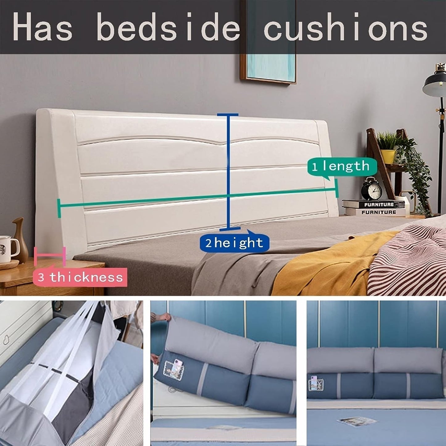 Headboard Bed Backrest Cushion Lumbar Support Cushions Reading Pillows Rectangular Bed for Twin Full Bueen and King Sizes 5 Colour 5 Size (Colour: (Blue+Gray) Size : 90 x 60 x 13 cm (Orange+Grey) 90 x