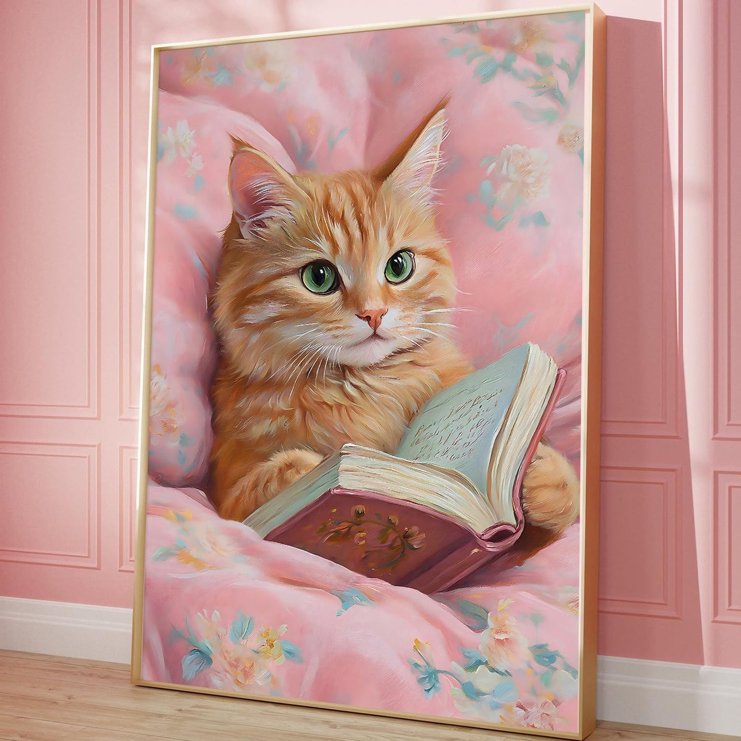 Cat Reading Book Wall Art Funny Aesthetic Cat Paintings Artwork Trendy Animal Poster Cats Floral Wall Art Animals Reading Books Prints Cute Pink Cats Picture Wall Decor 16x24in Unframed