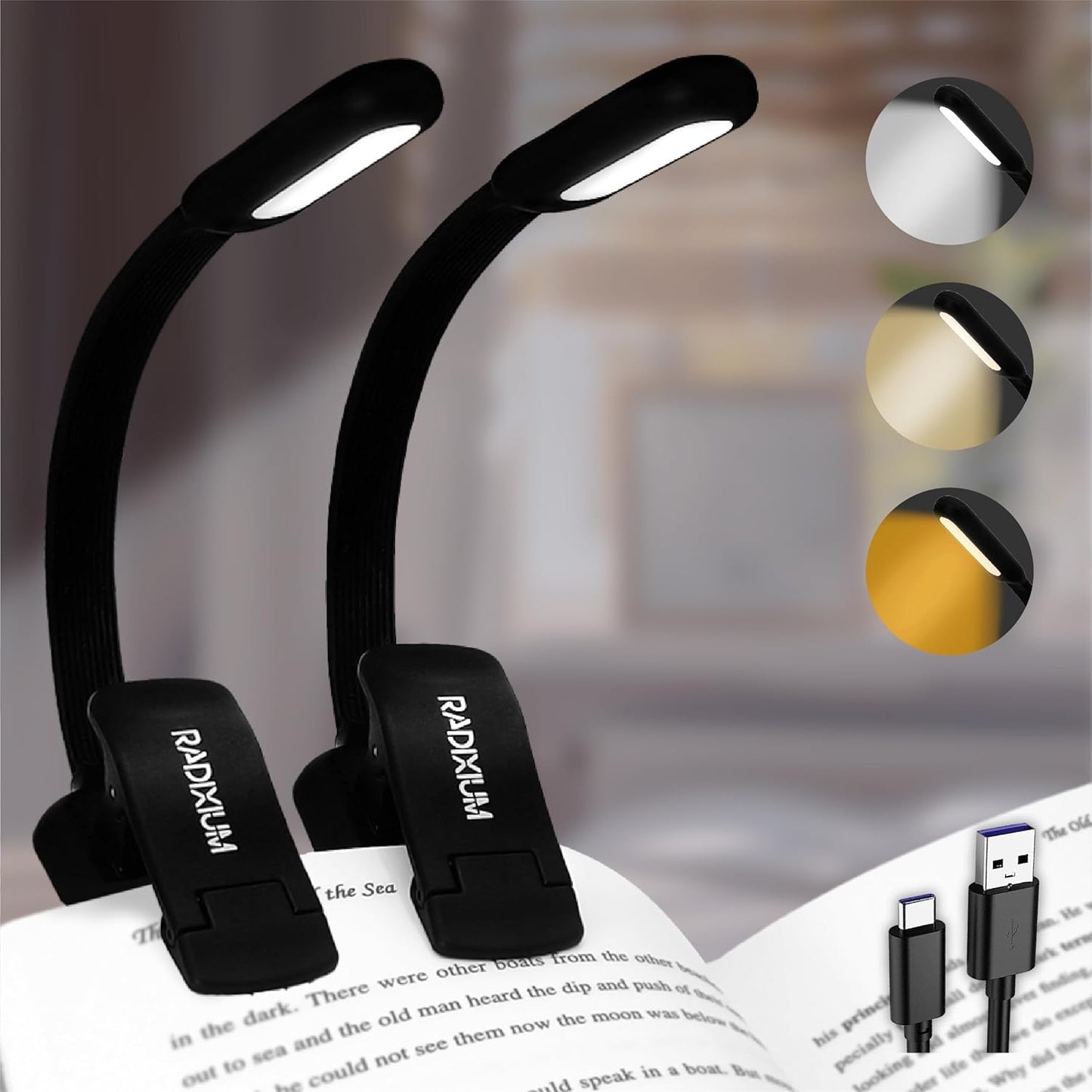 Rechargeable Book Reading Light at Night in Bed, Eye Caring 9 LED with 9 Color Temperatures, Stepless Dimming Brightness, Clip on Book Light, Prefect Elegant White Gift for Book Lover. (Black 2pcs)