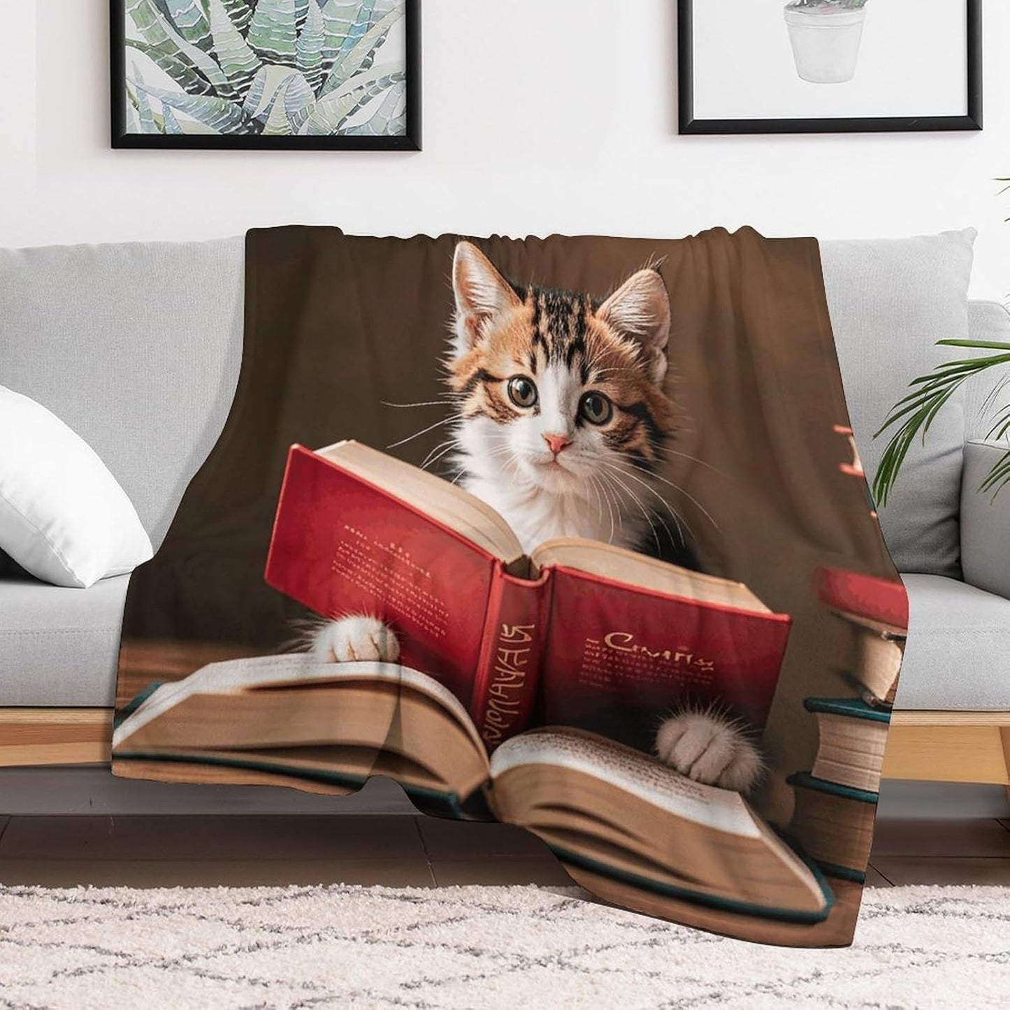Custom Flannel Fleece Throw Blanket Plush Travel Throw for Bed 60x80 Inch Comfort Personalized Kitten Reading A Book Blankets for Adults Decorative Bedtime Blanket Couch Sofa Camping Companion