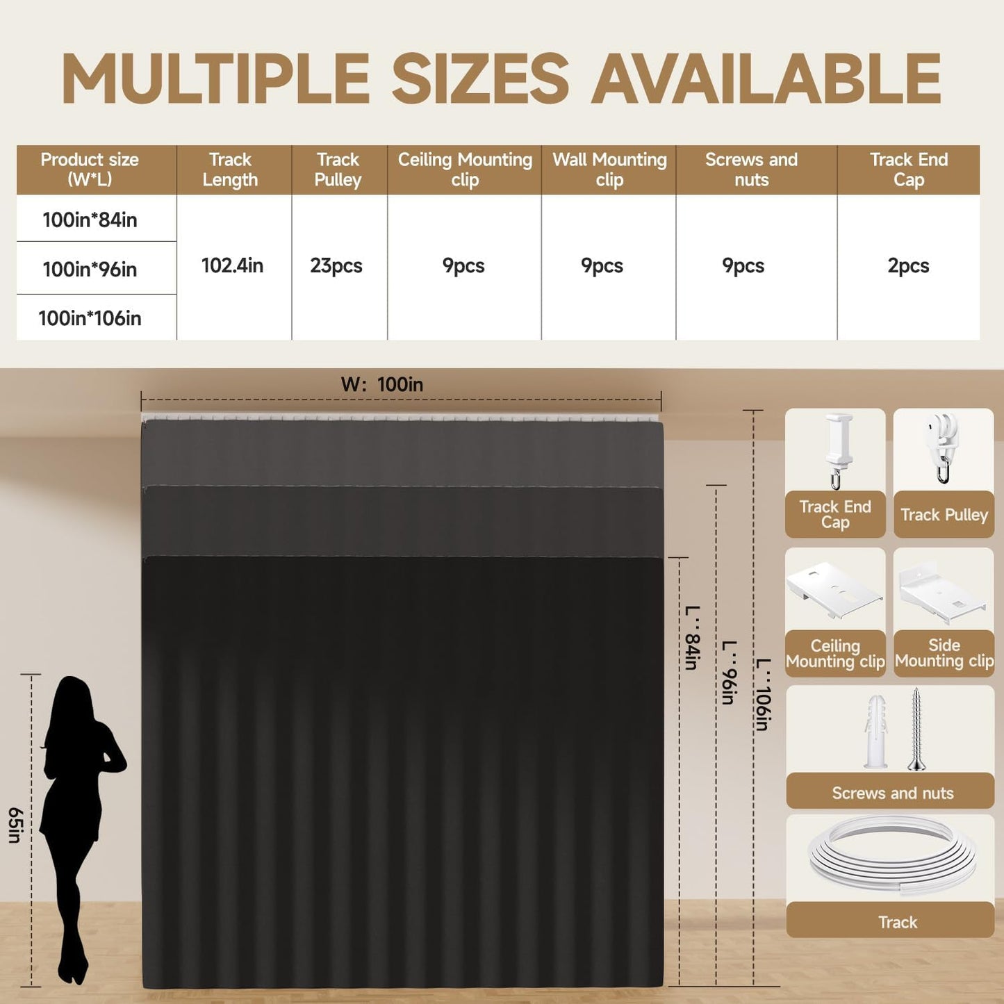 Room Divider Ceiling Curtain W/Flexible Track Sets, (100W x 96L) inch Extra Long Blackout Curtains for Bedroom Ceilling Mount Wall Divider for Room Partition, Privacy Room Divider Panel, Black Drape